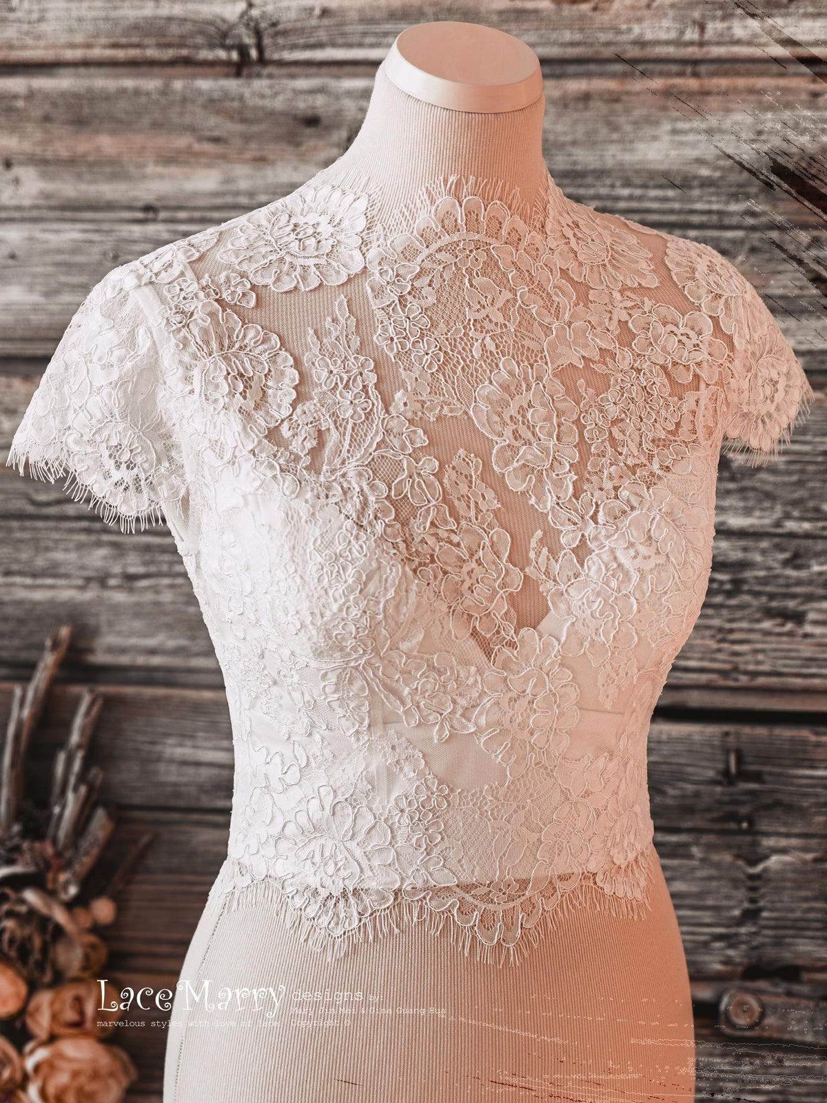 Charming Bridal Lace Crop Top with High Collar