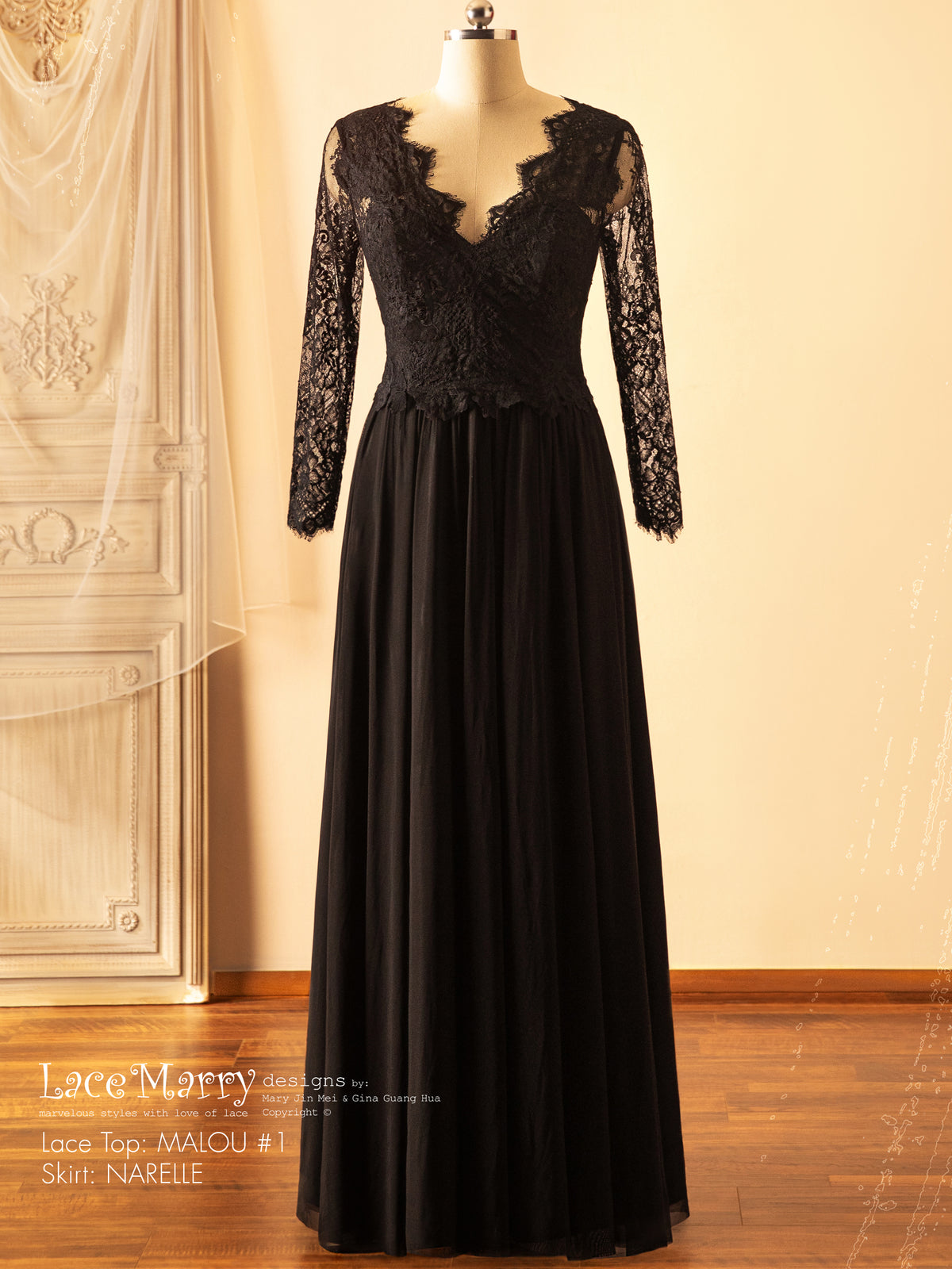 Black Wedding Dress Crop Set with Plain Tulle Skirt and Long Sleeves Lace Top