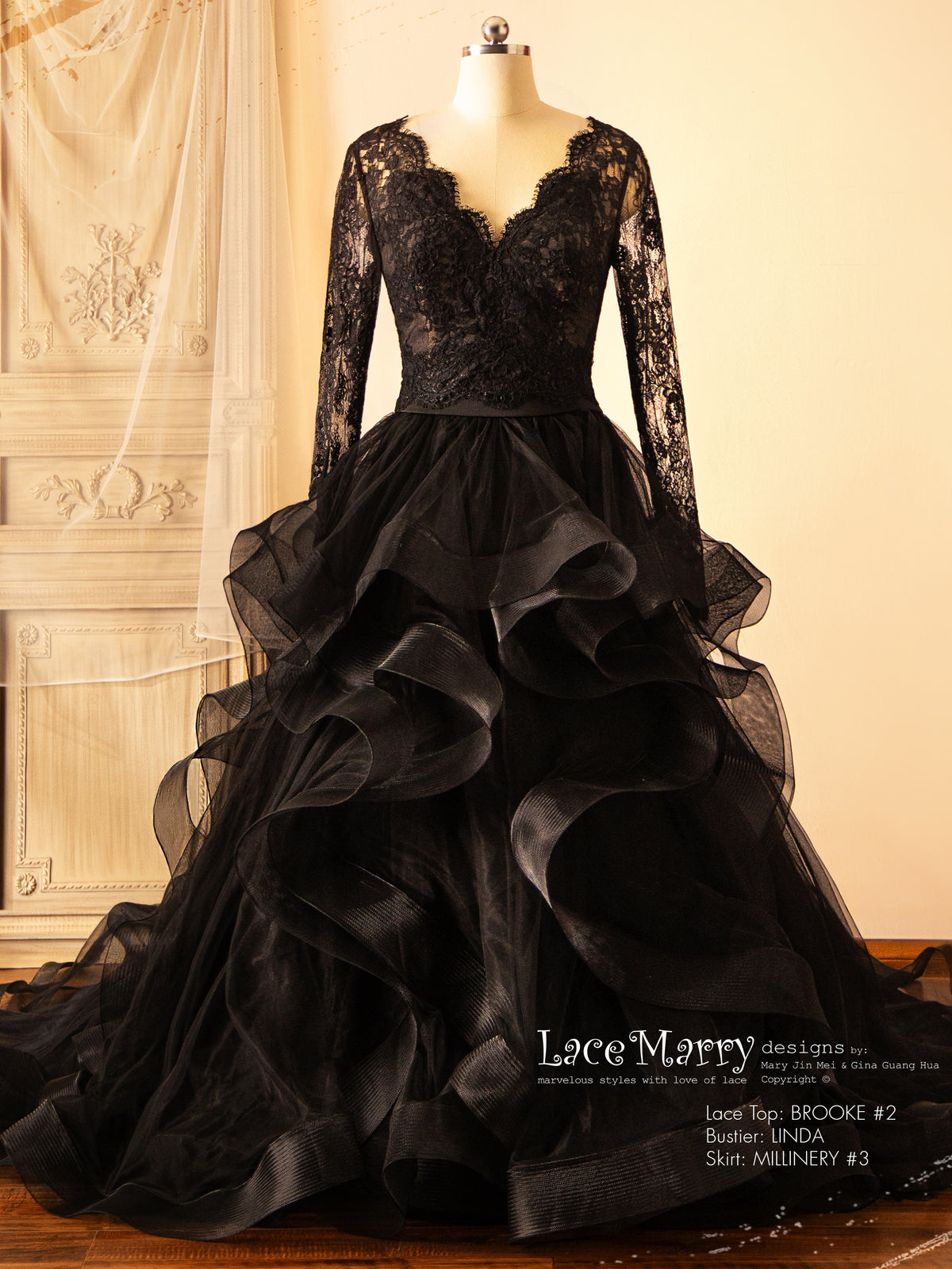 Black Wedding Dress with Separate Long Lacy Sleeves Bolero and Bustier