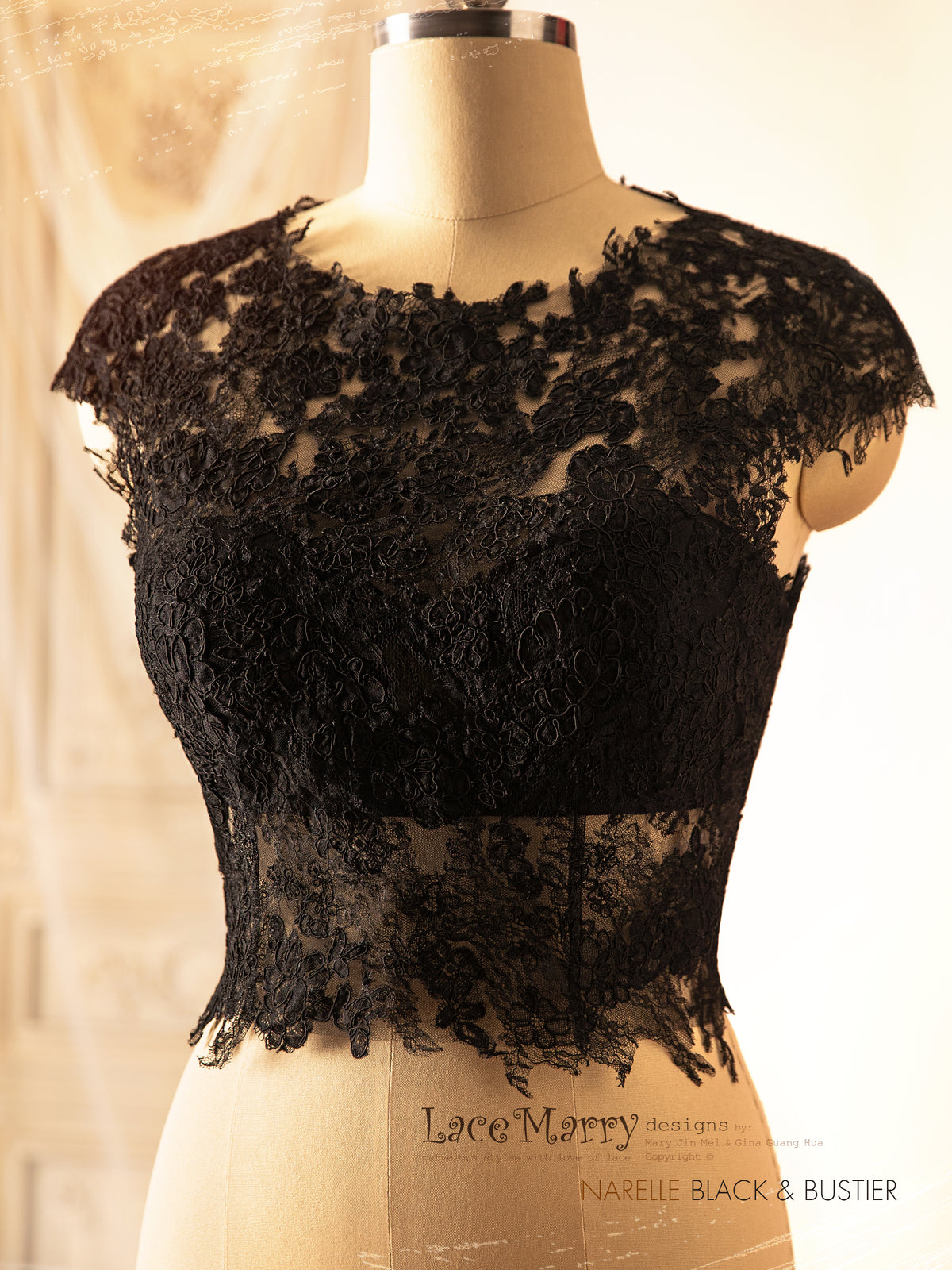 NARELLE / Black Lace Topper with Boat Neckline