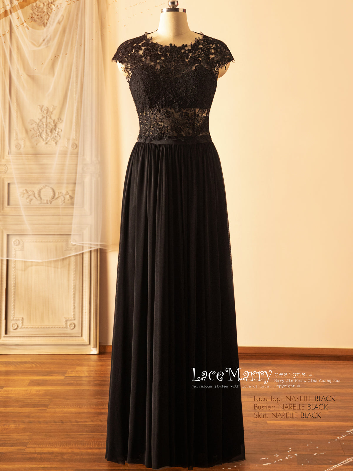 NARELLE / Black Wedding Dress with Boat Neckline Lace Top