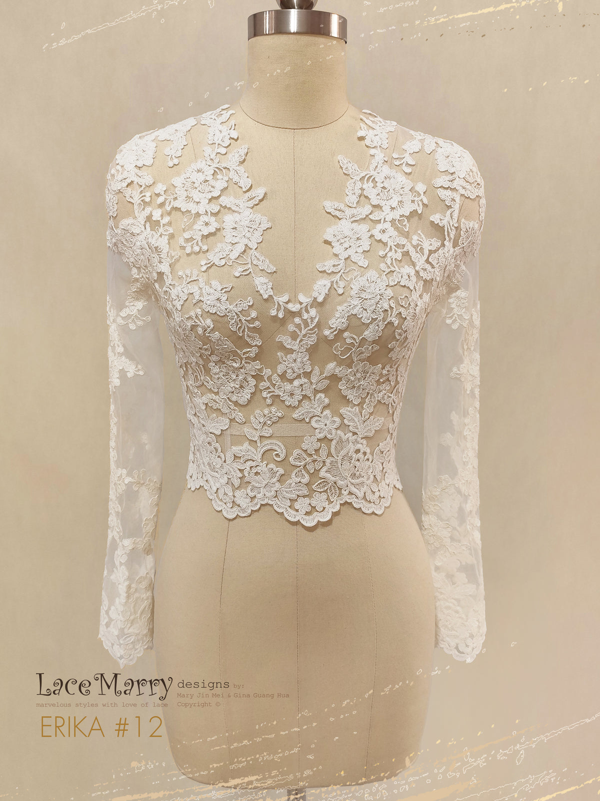 ERIKA #12 / Bridal Crop Top with Long Sleeves and V Neckline