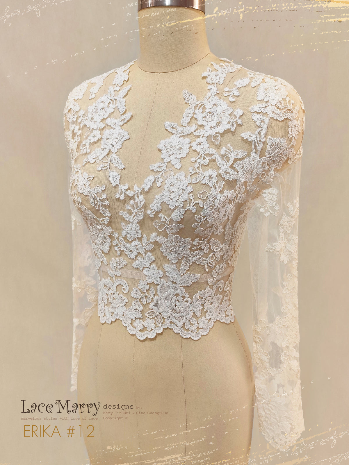 ERIKA #12 / Bridal Crop Top with Long Sleeves and V Neckline