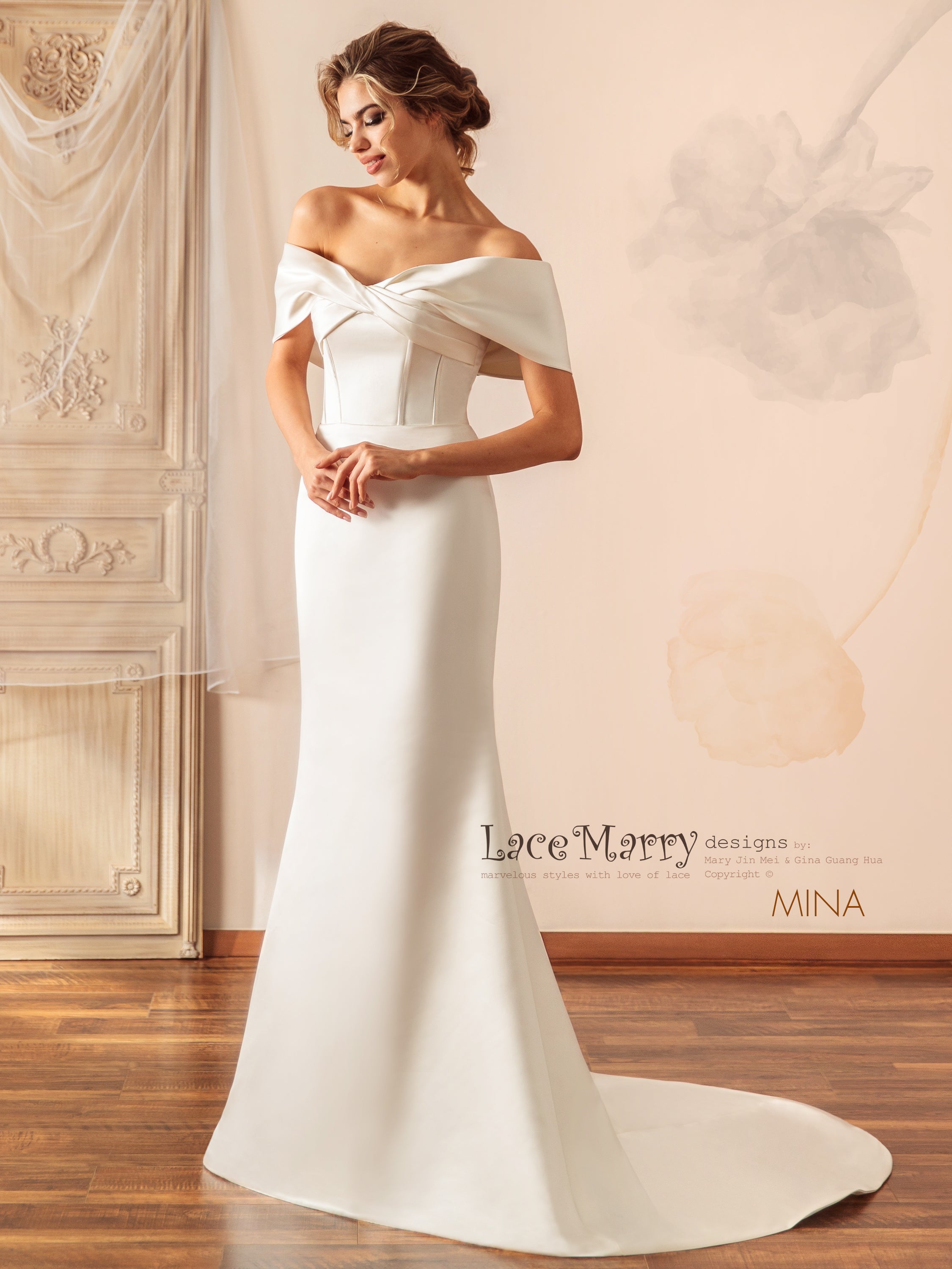 MINA / Off Shoulder Satin Wedding Dress - LaceMarry