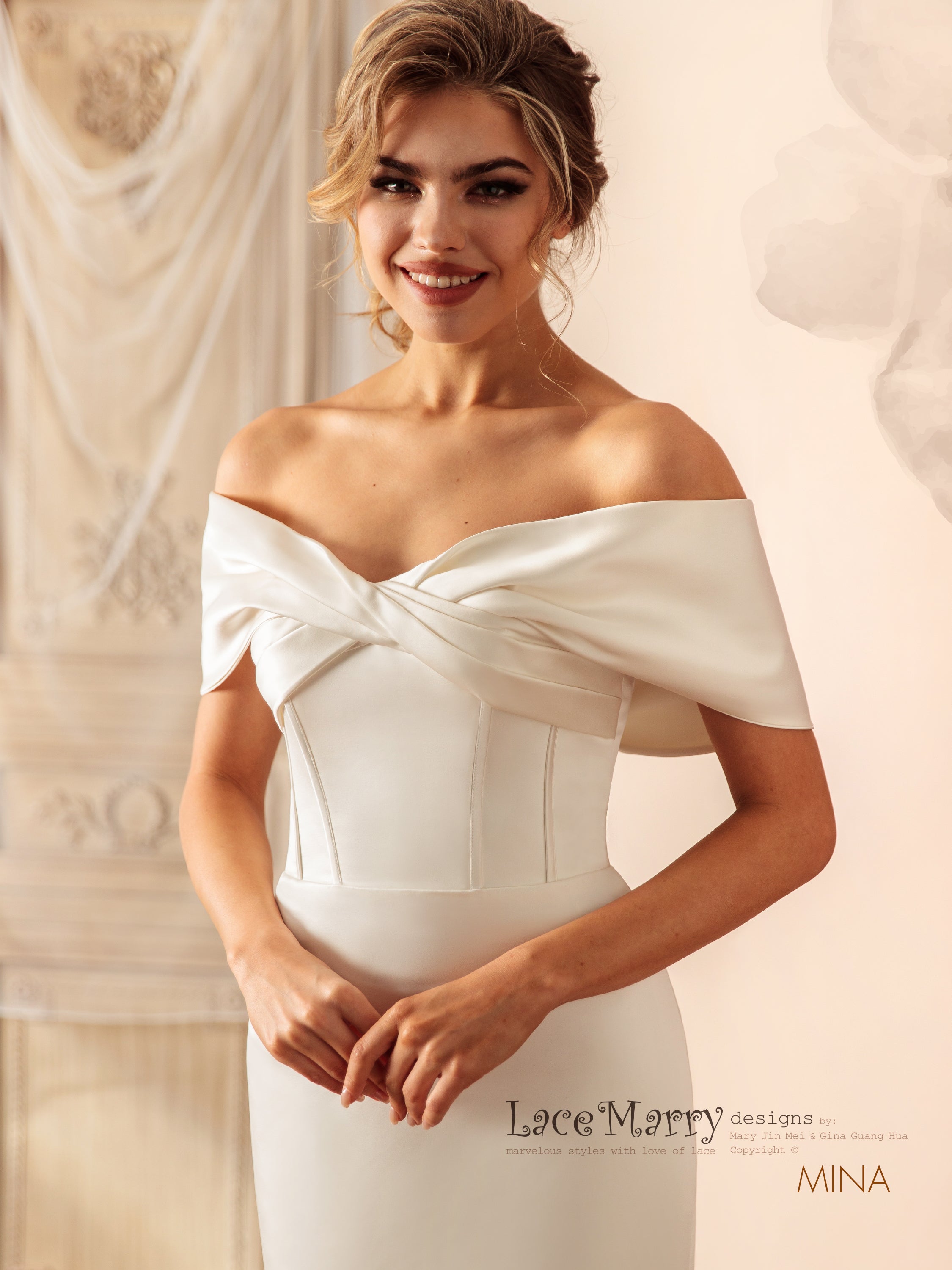 MINA / Off Shoulder Satin Wedding Dress - LaceMarry