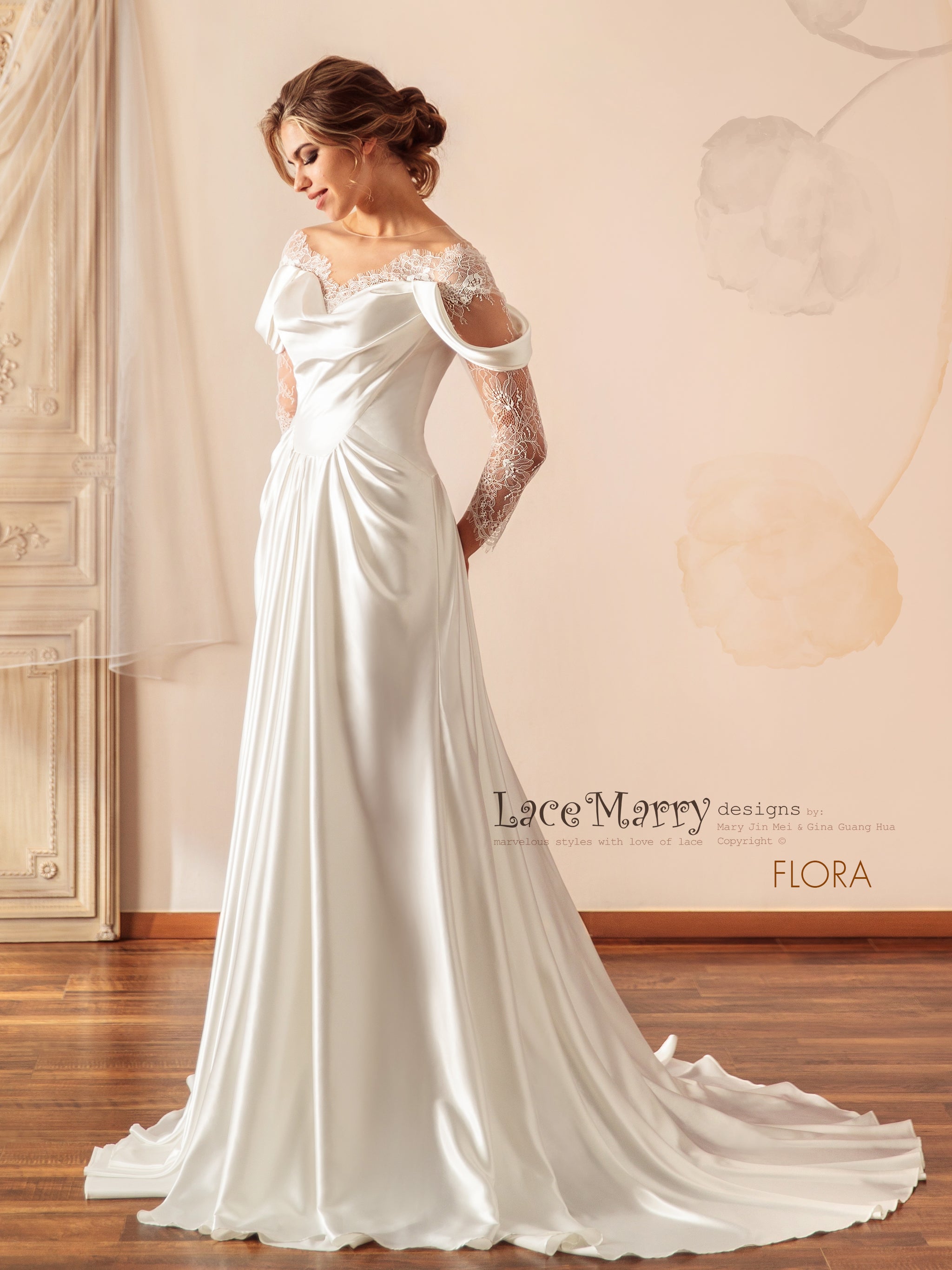 Off-Shoulder Lace Wedding Dress with Long Sleeves - LaceMarry