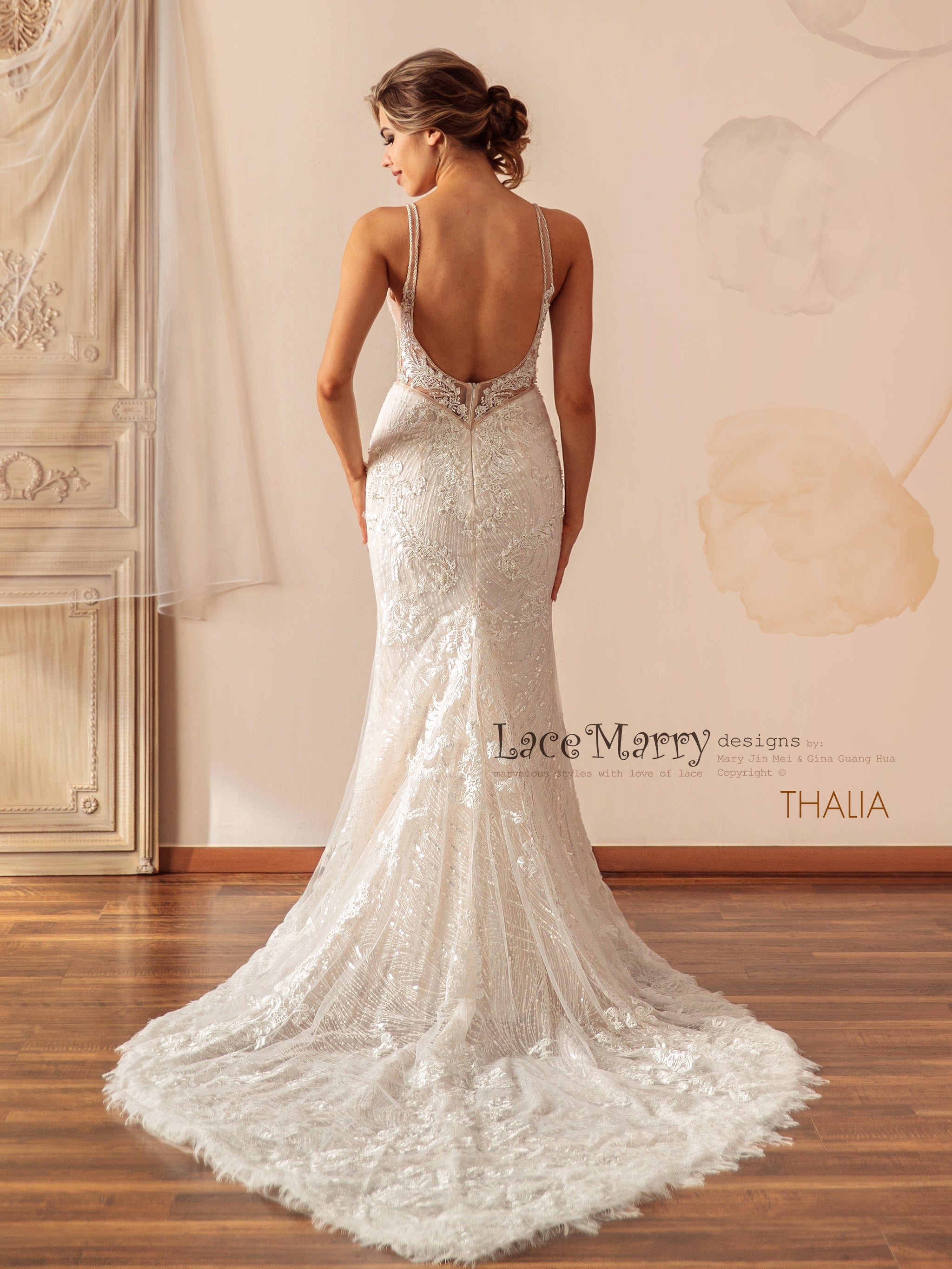 THALIA / Fitted Sparkling Wedding Dress with Deep Plunge - LaceMarry