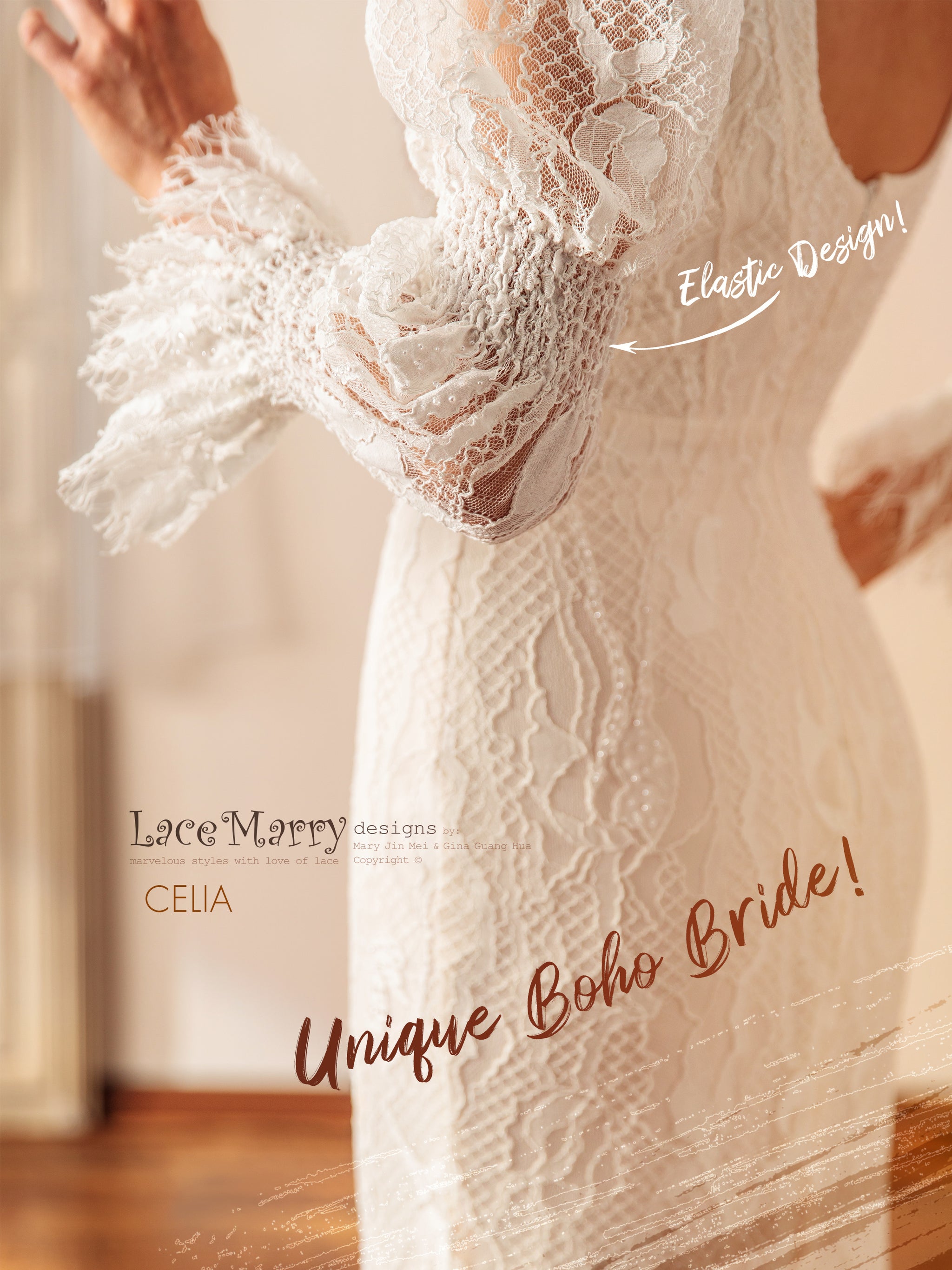 CELIA / Unique Lace Wedding Dress with Long Puff Sleeves - LaceMarry