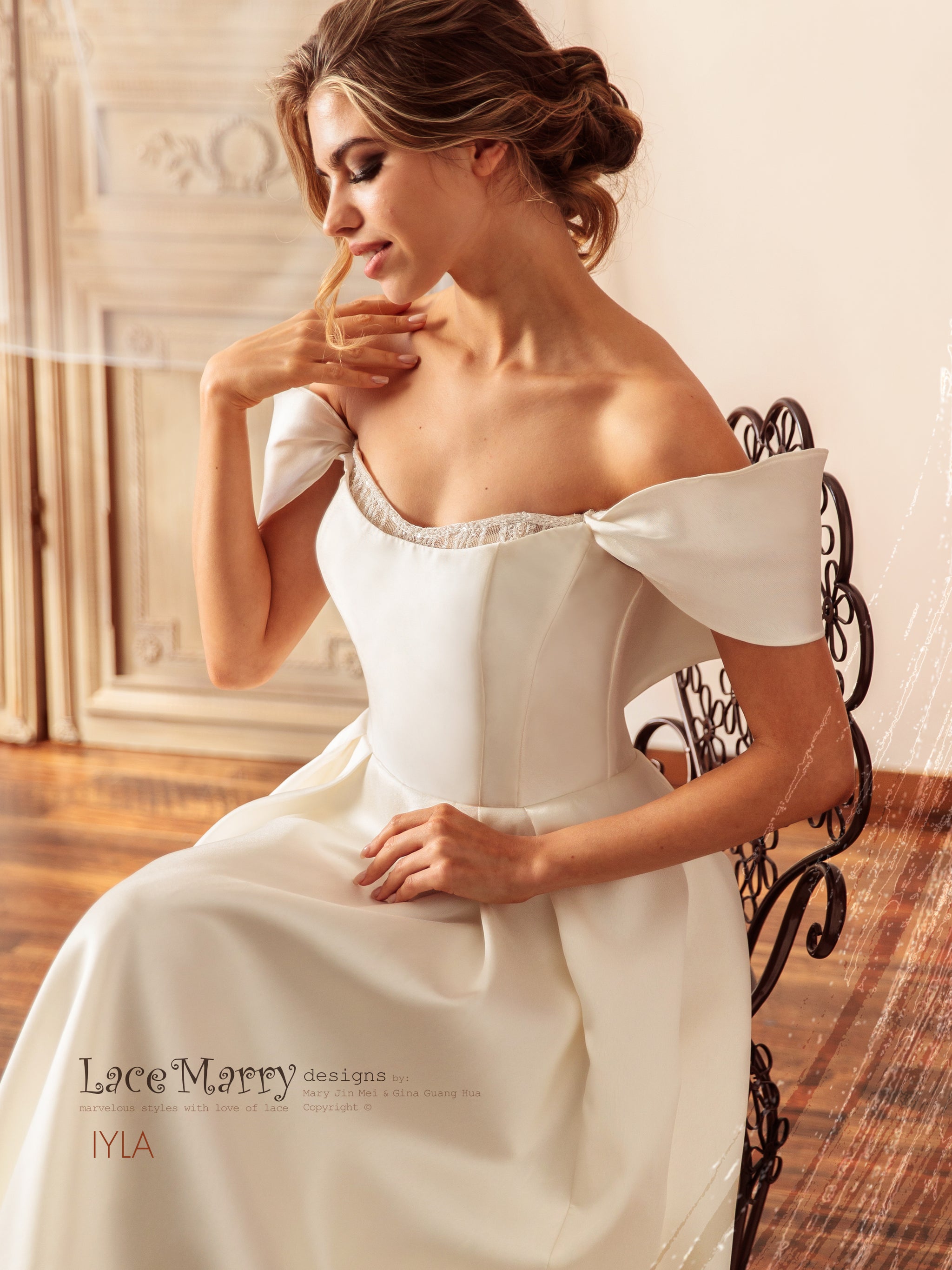 IYLA / Off Shoulder Wedding Dress with A Line Skirt and Inner Corset -  LaceMarry