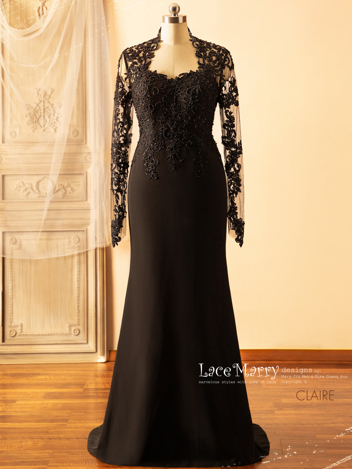 CLAIRE / Elegant Black Wedding Dress with Removable Tulle Train