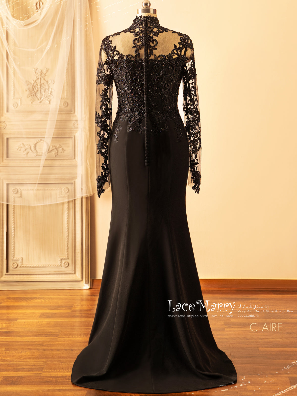 CLAIRE / Black Wedding Dress with Queen Anne Neckline