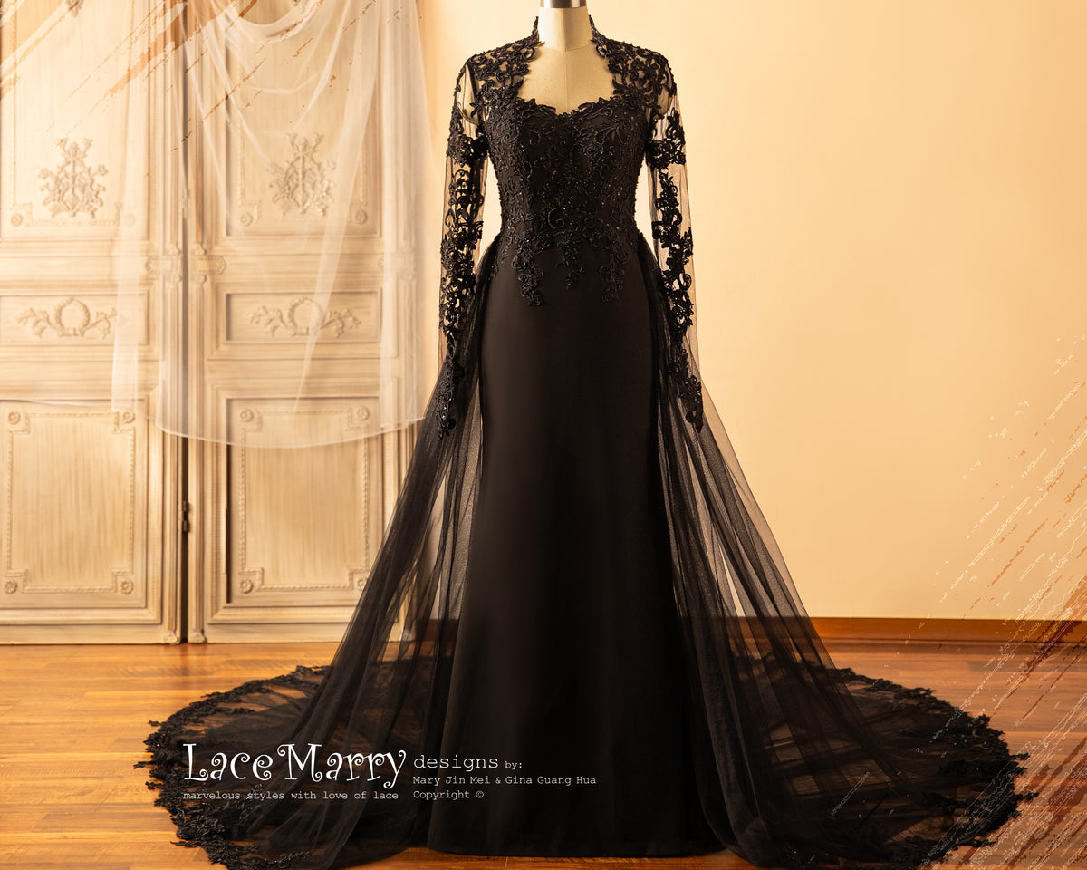 CLAIRE / Elegant Black Wedding Dress with Removable Tulle Train