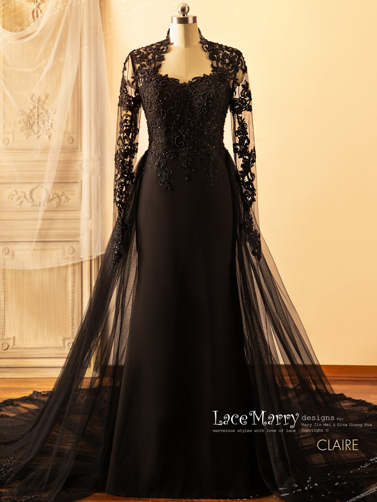 CLAIRE / Elegant Black Wedding Dress with Removable Tulle Train