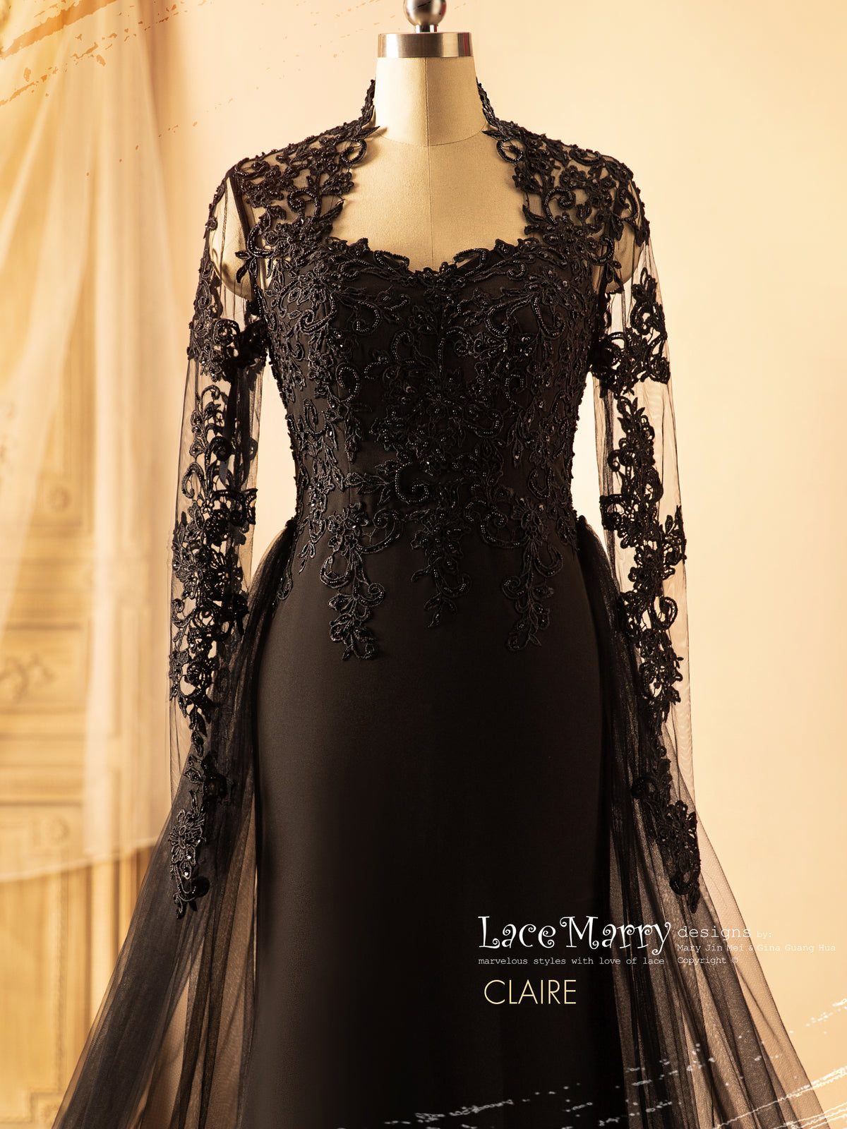 CLAIRE / Black Wedding Dress with Queen Anne Neckline