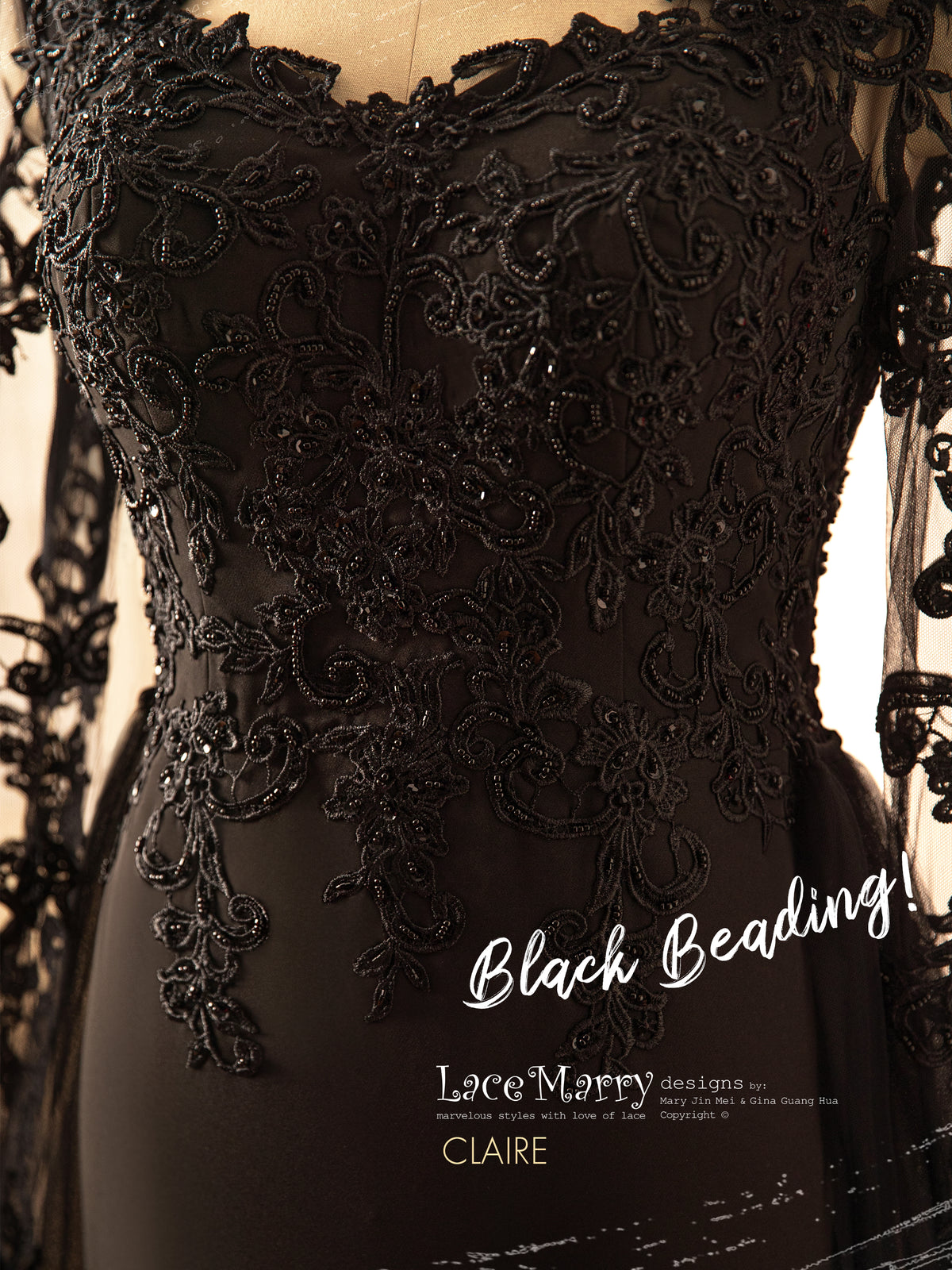 CLAIRE / Black Wedding Dress with Queen Anne Neckline