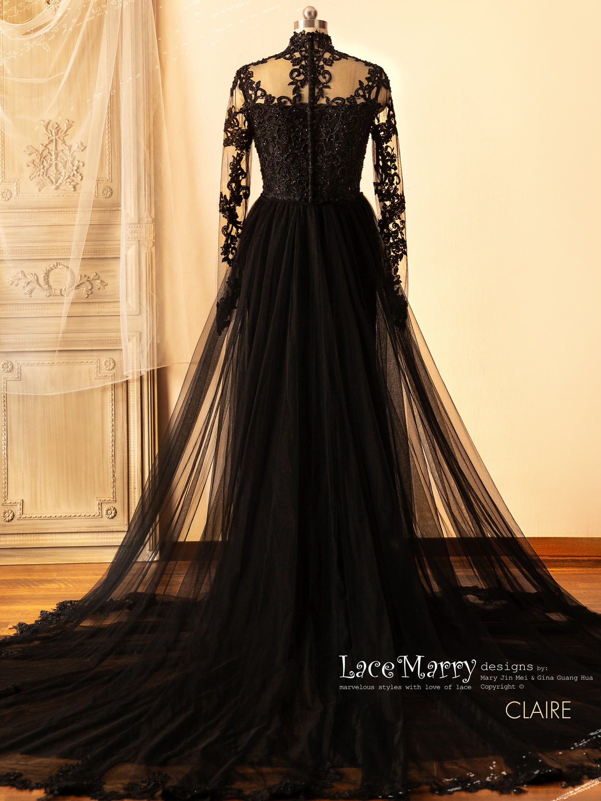 CLAIRE / Black Wedding Dress with Queen Anne Neckline