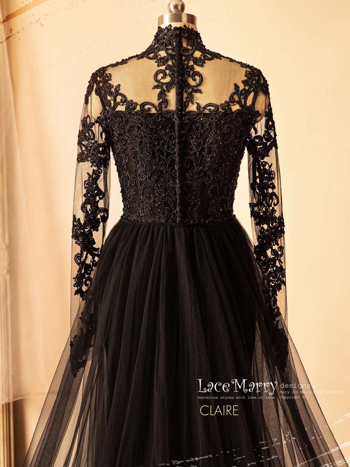 CLAIRE / Elegant Black Wedding Dress with Removable Tulle Train