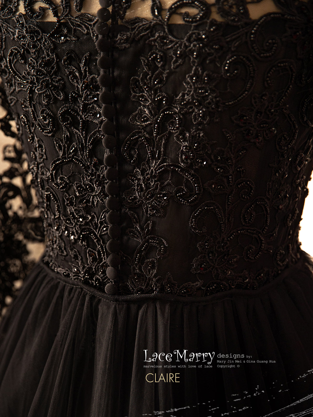 CLAIRE / Black Wedding Dress with Queen Anne Neckline