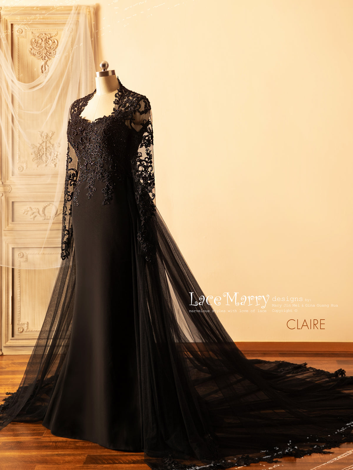 CLAIRE / Black Wedding Dress with Queen Anne Neckline