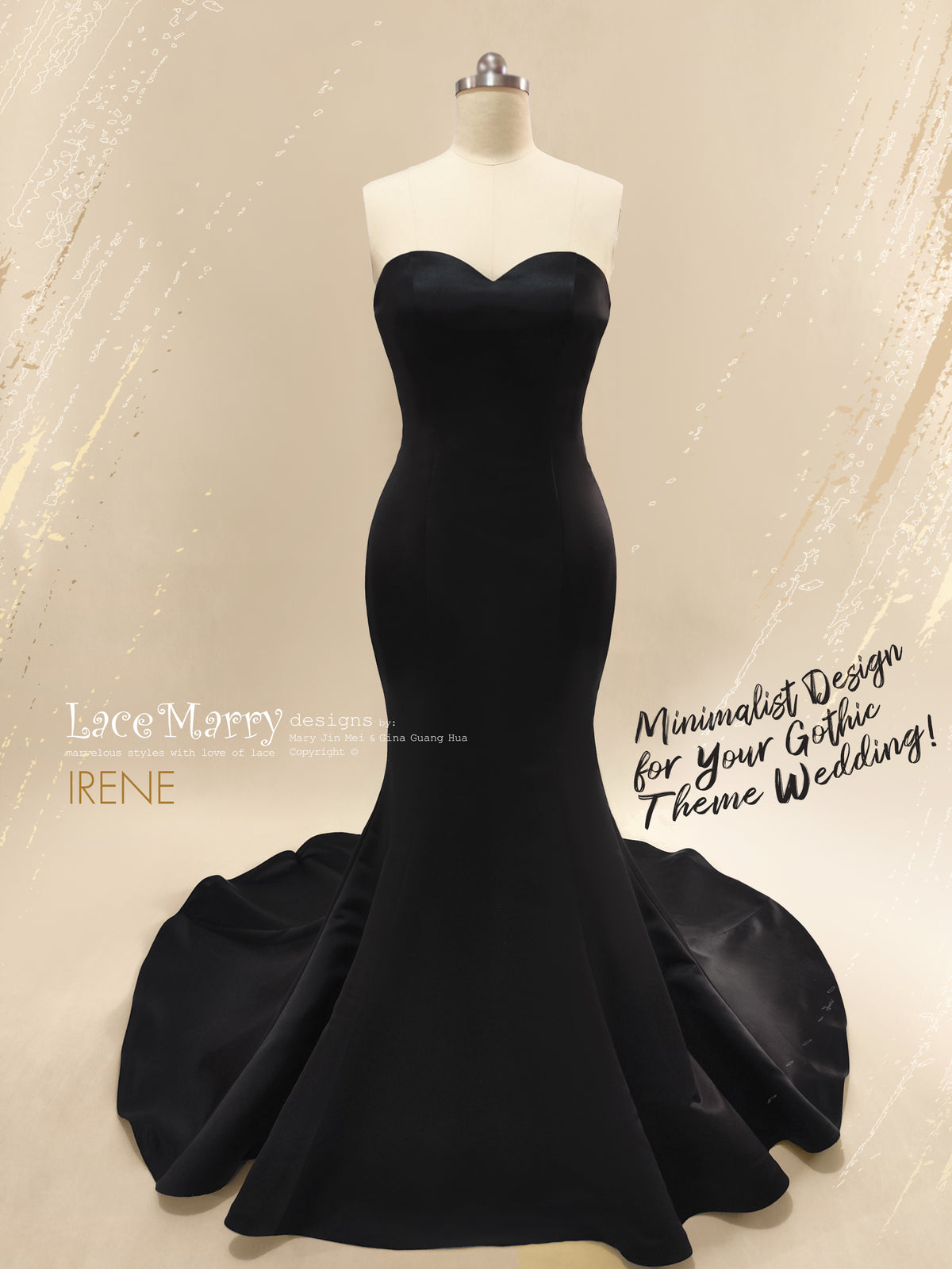 IRENE / Black Satin Wedding Dress with Strapless Sweetheart Neckline