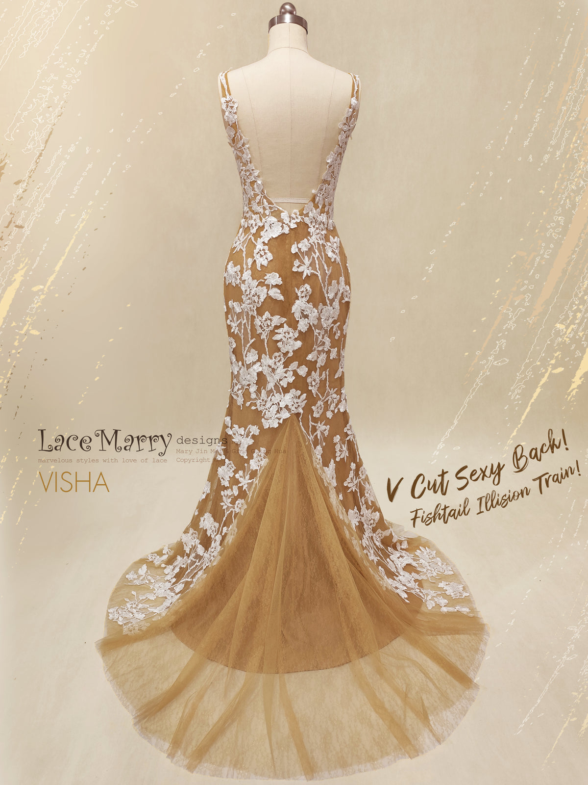 VISHA / Nude Wedding Dress with Ivory Flower Appliques