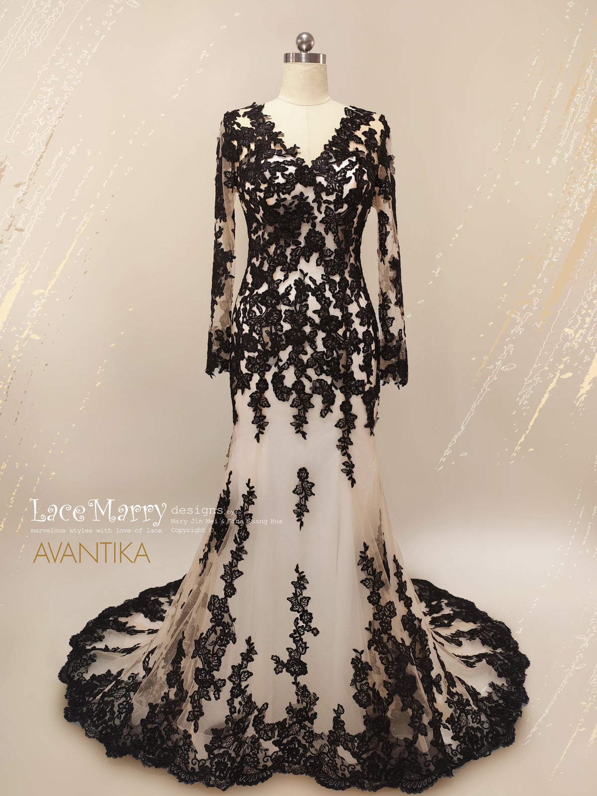 AVANTIKA / Black Wedding Dress with Nude Lining and Long Sleeves