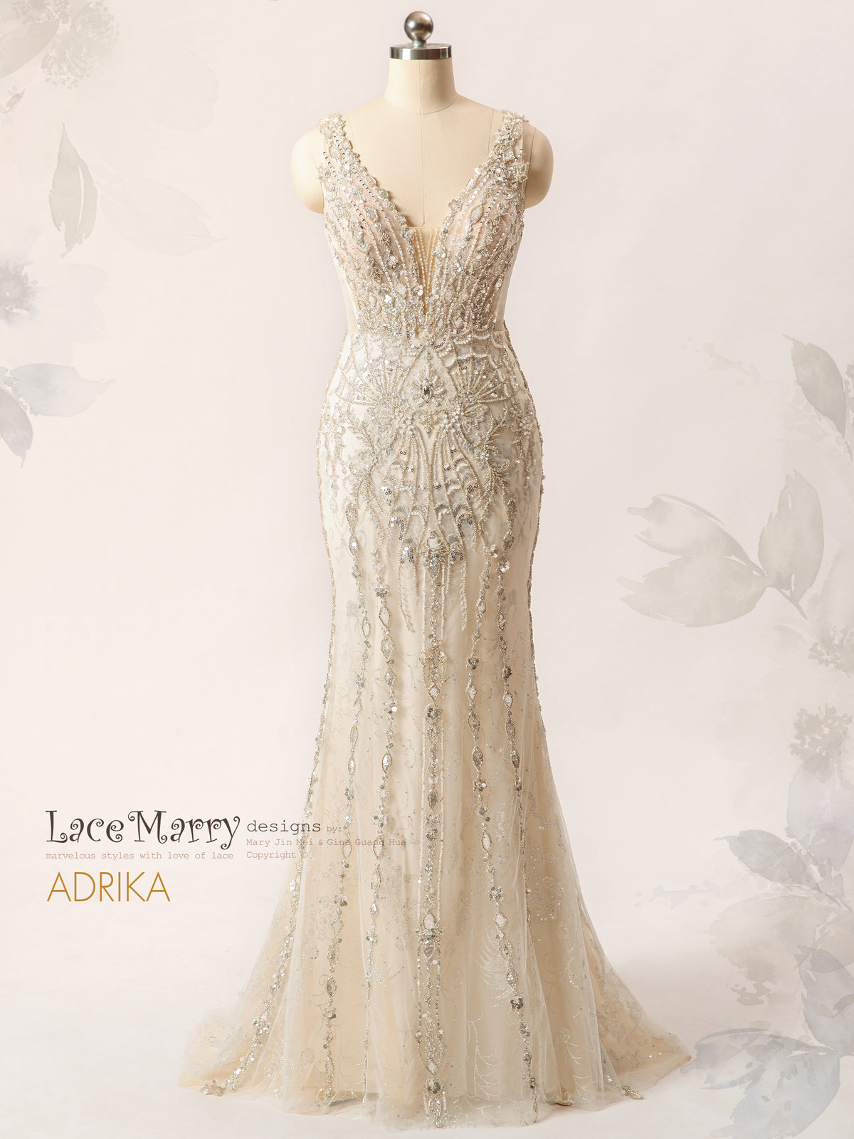 ADRIKA / Fit and Flare Embellished Wedding Dress with Plunge Neck