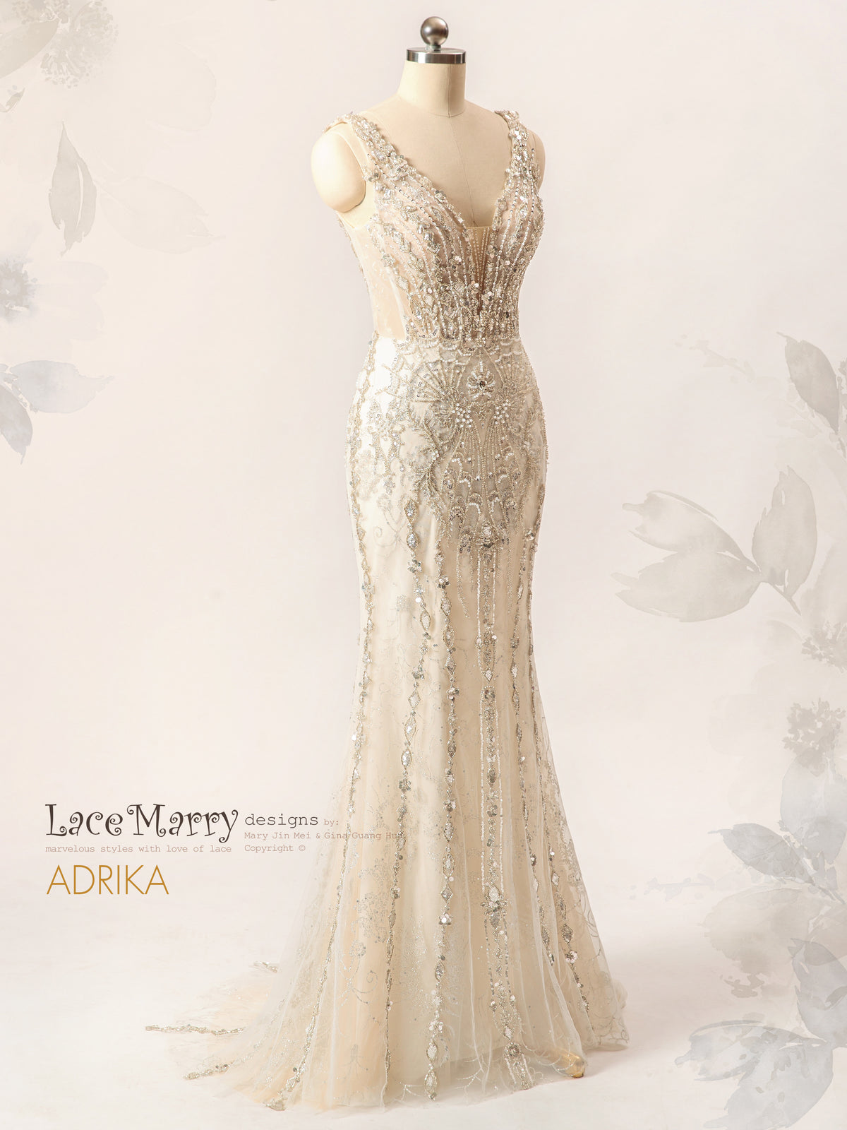 ADRIKA / Fit and Flare Embellished Wedding Dress with Plunge Neck