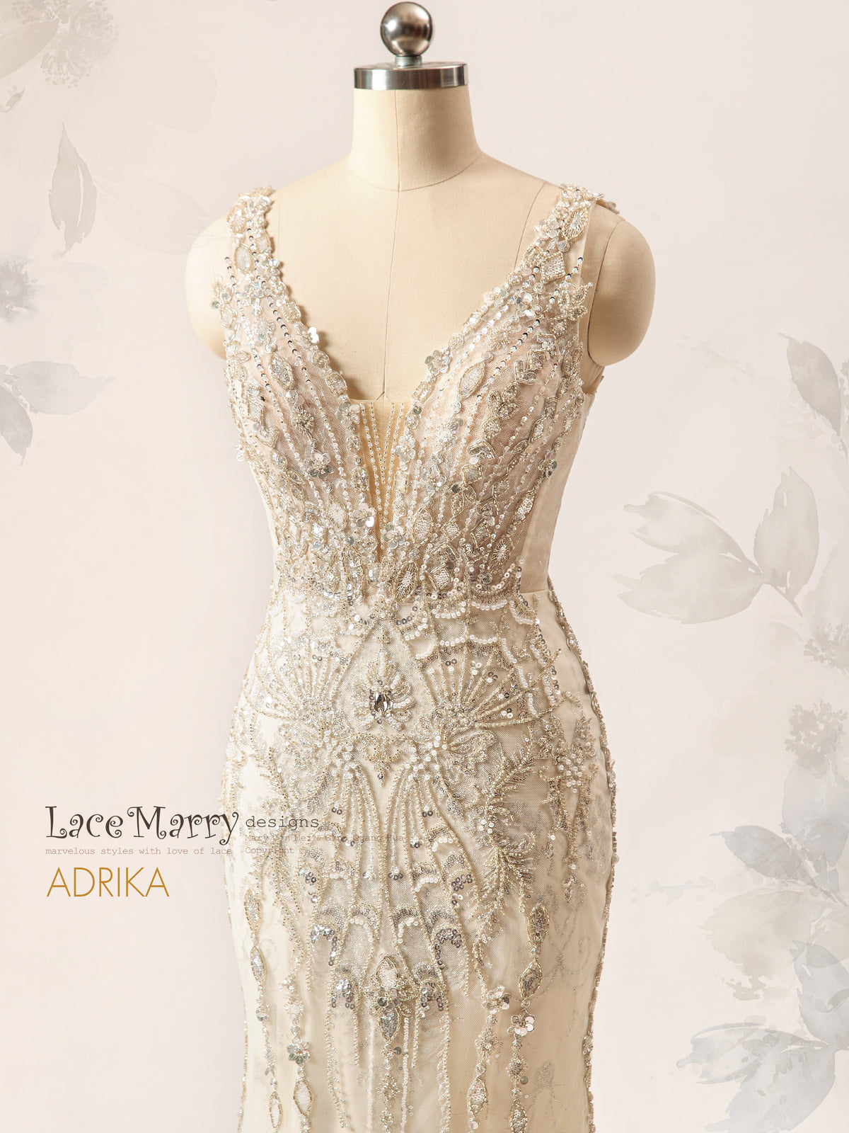 ADRIKA / Fit and Flare Embellished Wedding Dress with Plunge Neck