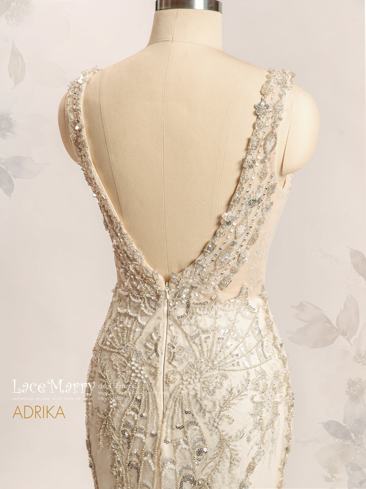 ADRIKA / Fit and Flare Embellished Wedding Dress with Plunge Neck