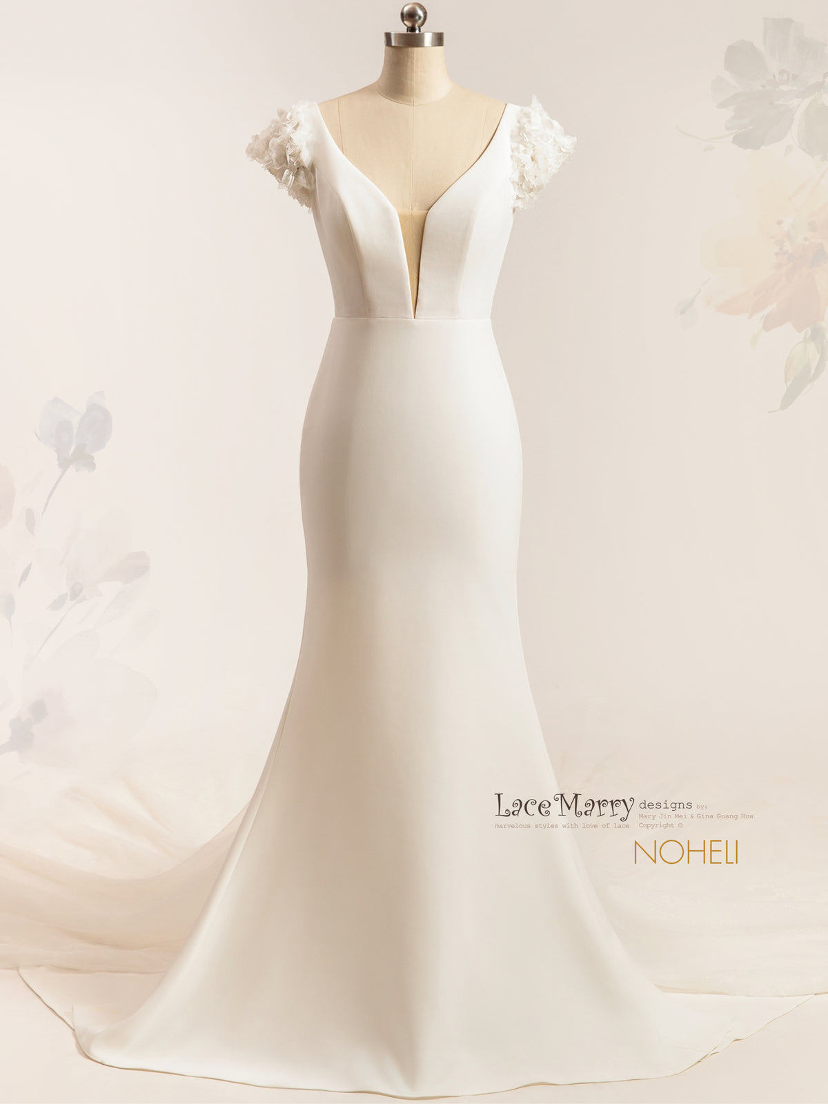 NOHELI / Simple Wedding Dress with 3D Cap Sleeves