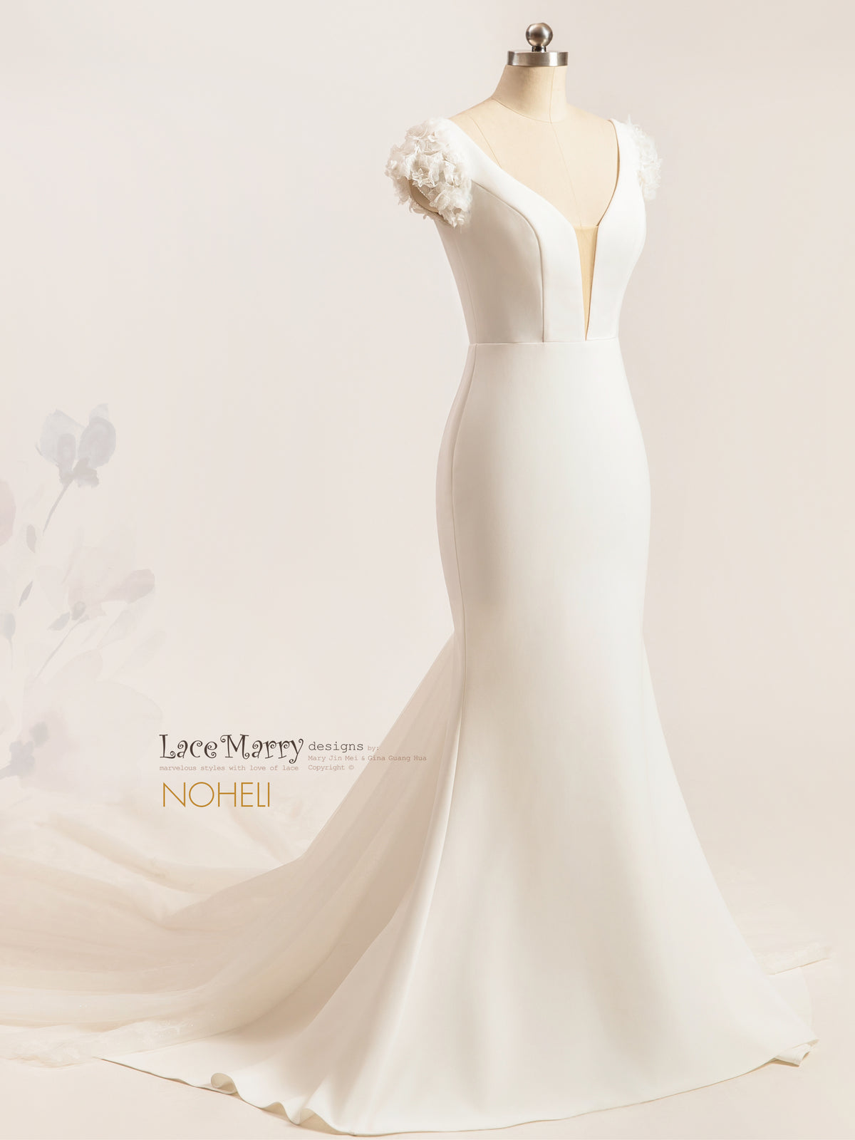 NOHELI / Simple Wedding Dress with 3D Cap Sleeves