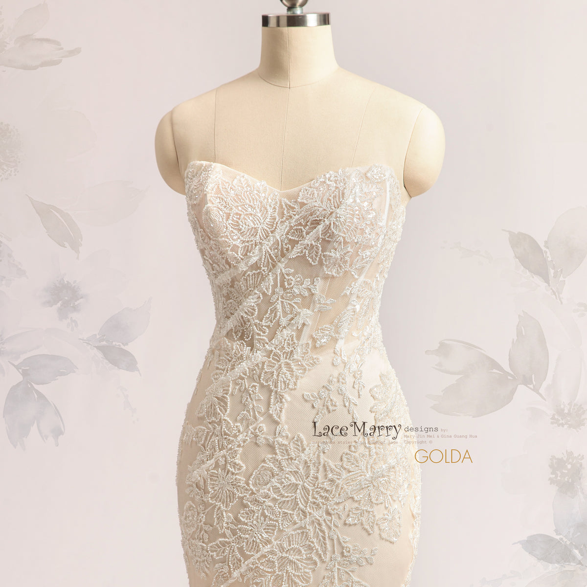 GOLDA / Strapless Wedding Dress with Beaded Floral Appliques