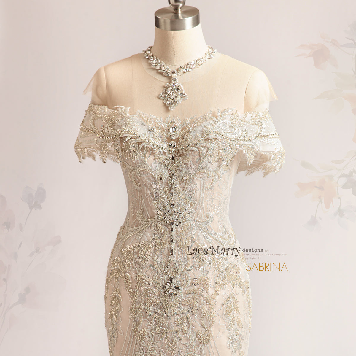 SABRINA / Off Shoulder Embellished Wedding Dress with Necklace