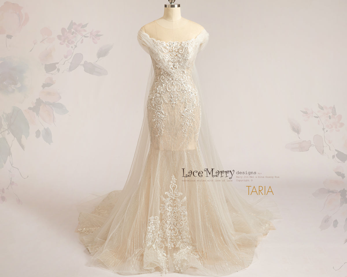 TARIA / Boho Wedding Dress with Long Tulle Cape Wings