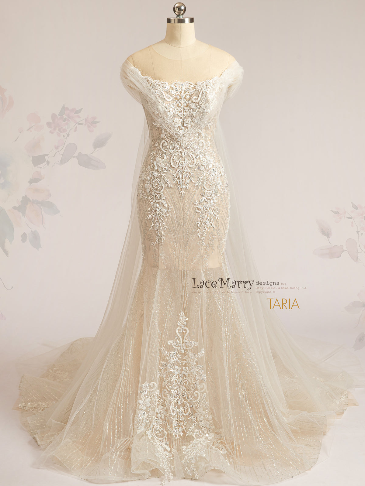 TARIA / Boho Wedding Dress with Long Tulle Cape Wings