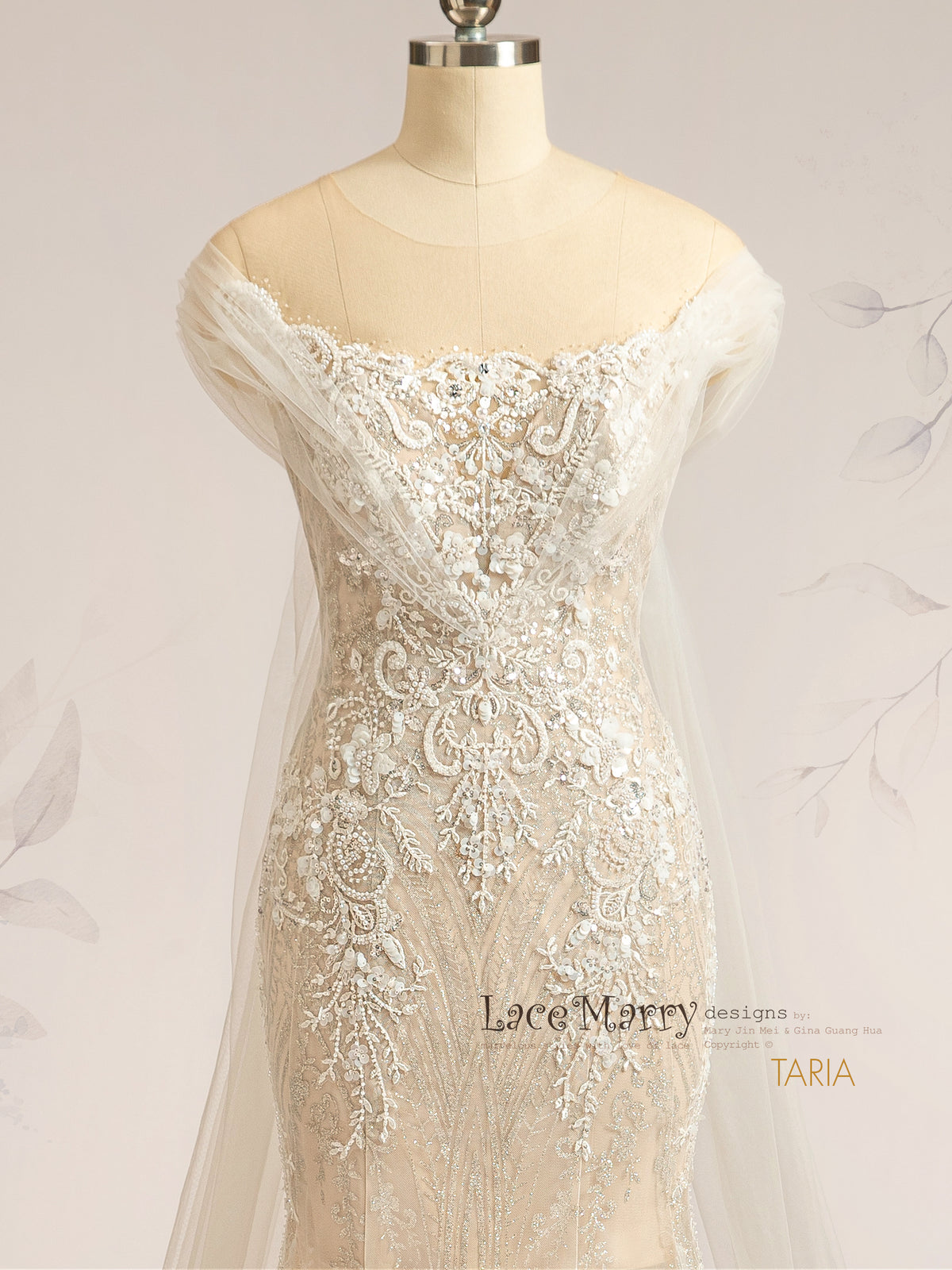 TARIA / Built in Tulle Cape Wedding Dress with Luxurious Embellishment