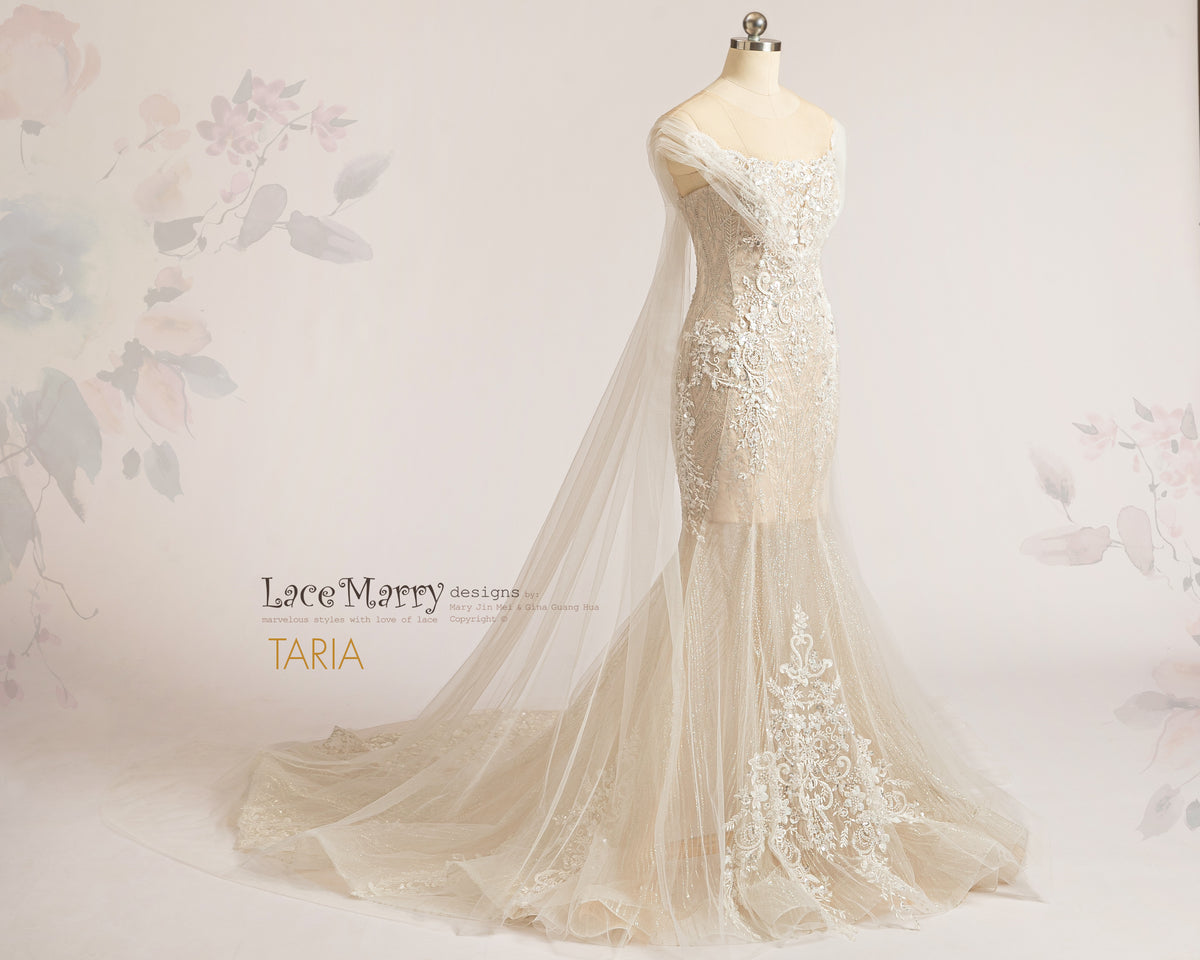 TARIA / Boho Wedding Dress with Long Tulle Cape Wings