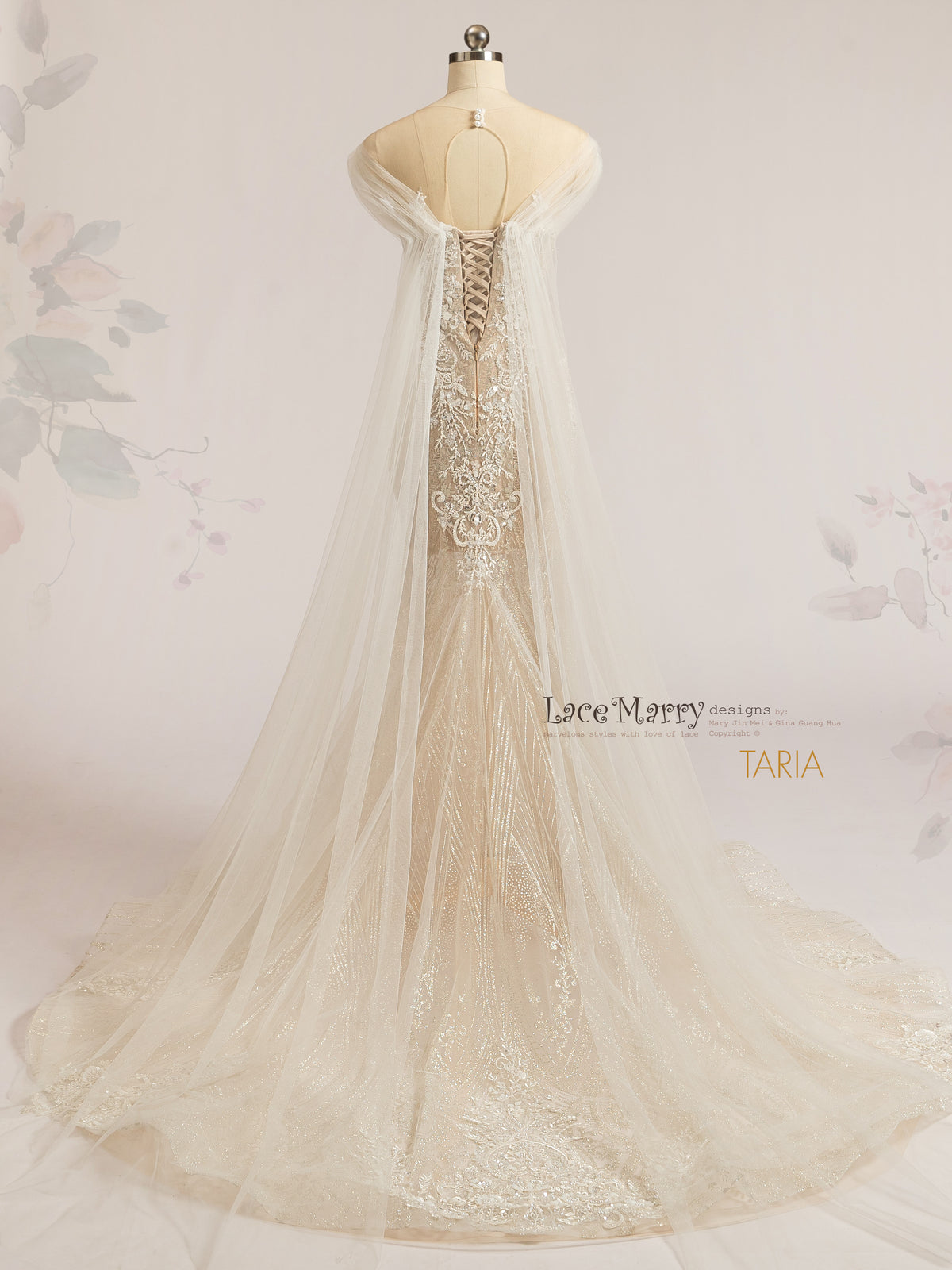 TARIA / Boho Wedding Dress with Long Tulle Cape Wings