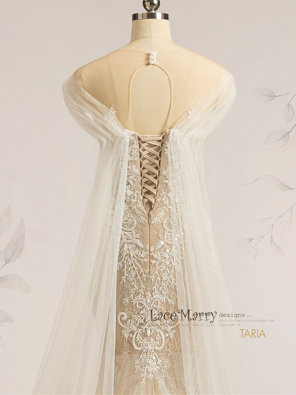 TARIA / Boho Wedding Dress with Long Tulle Cape Wings