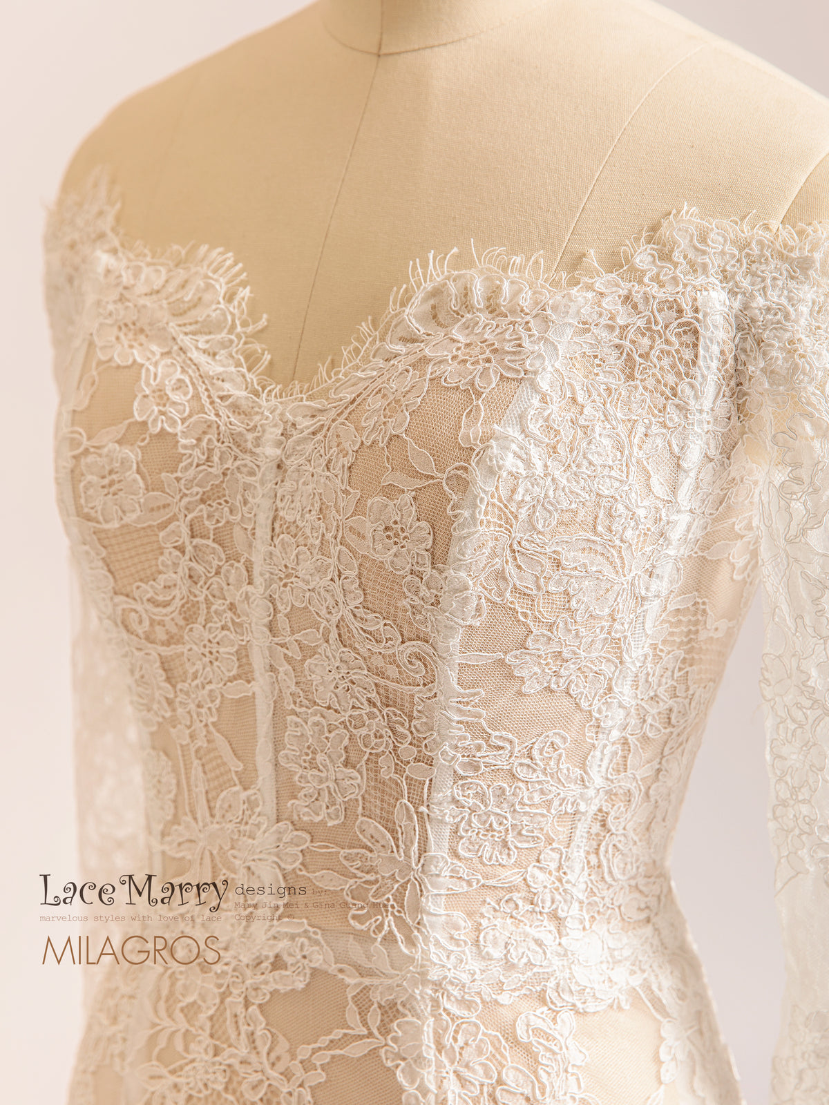 MILAGROS / Off Shoulder Lace Wedding Dress with Lace Sleeves