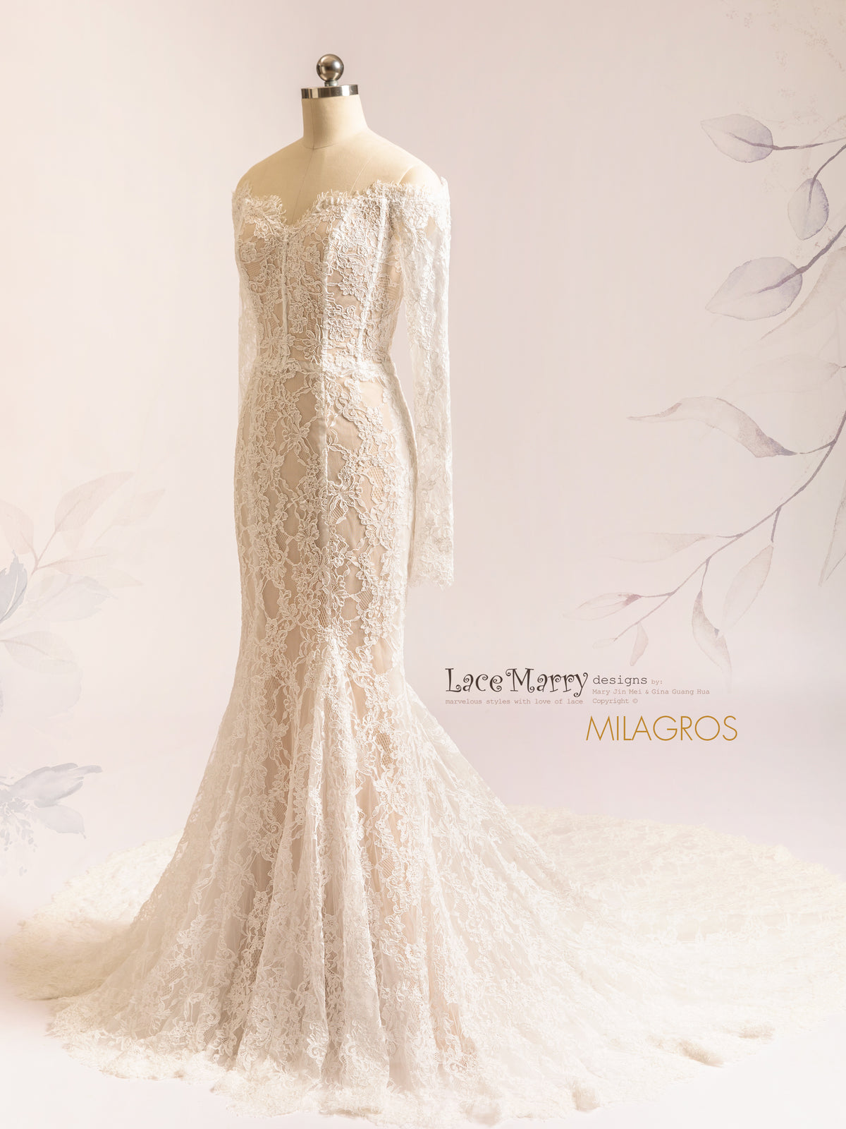 MILAGROS / Off Shoulder Lace Wedding Dress with Lace Sleeves