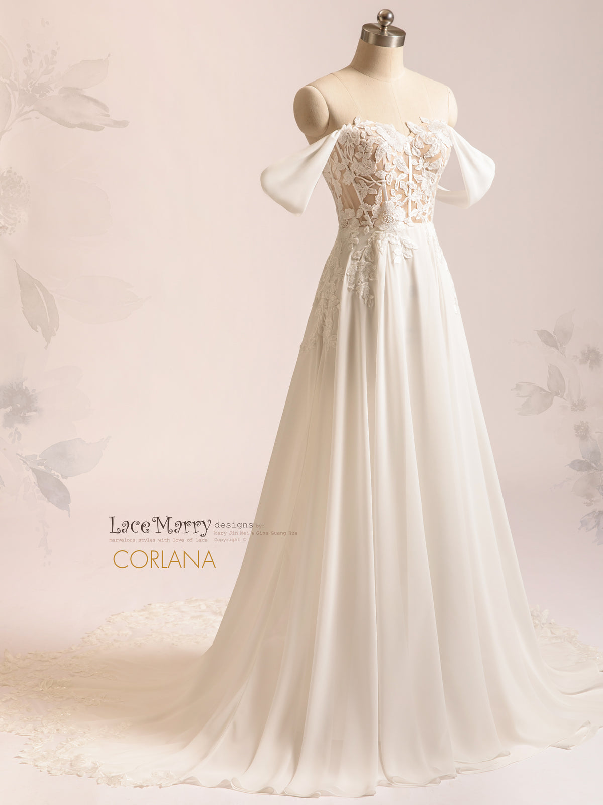 CORLANA / A Line Chiffon Wedding Dress with Floral Bodice