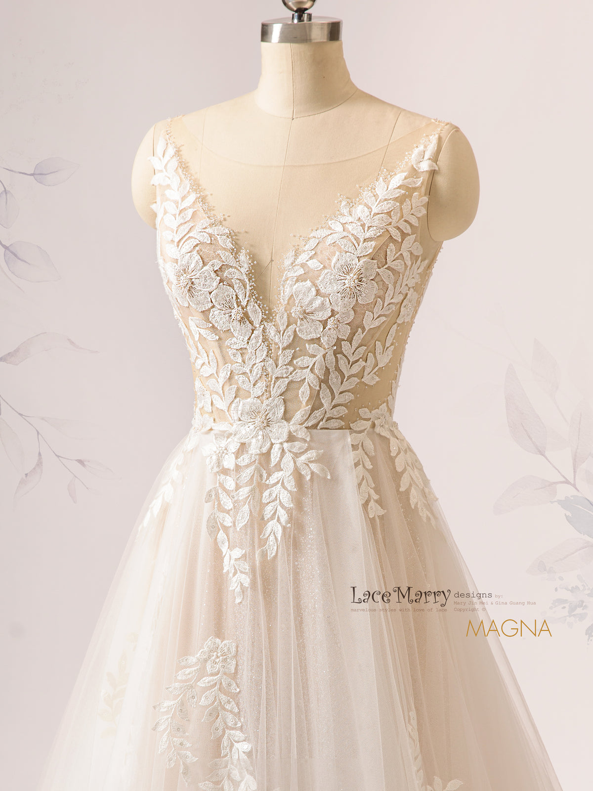 MAGNA / Leafs and Flowers Boho Wedding Dress