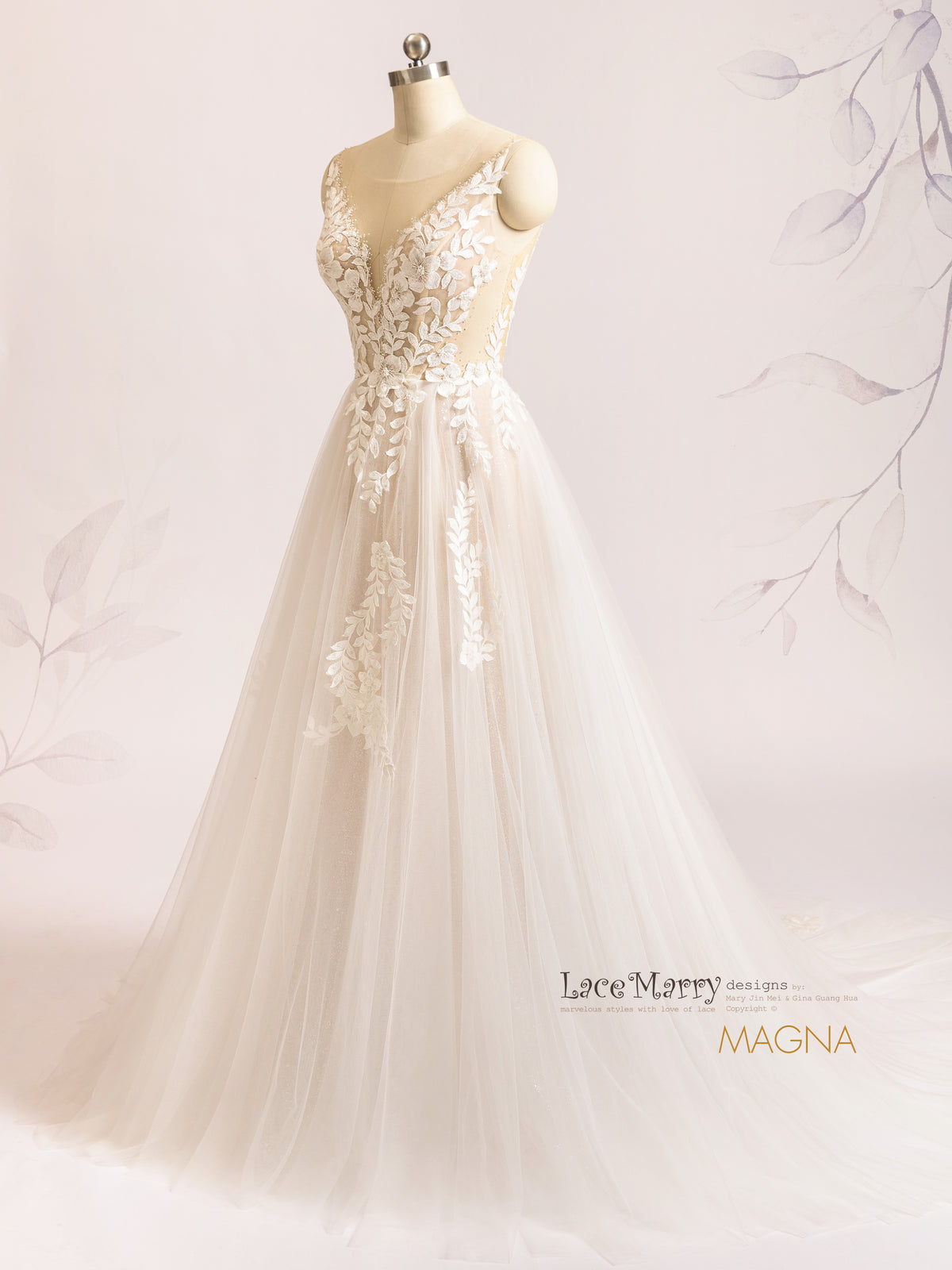 MAGNA / Leafs and Flowers Boho Wedding Dress