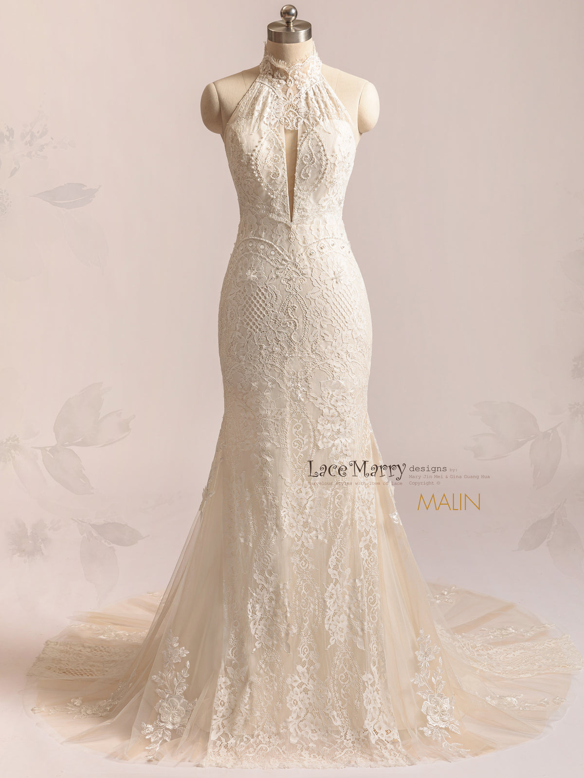 MALIN / Romantic Lace Wedding Dress with Halter Neckline