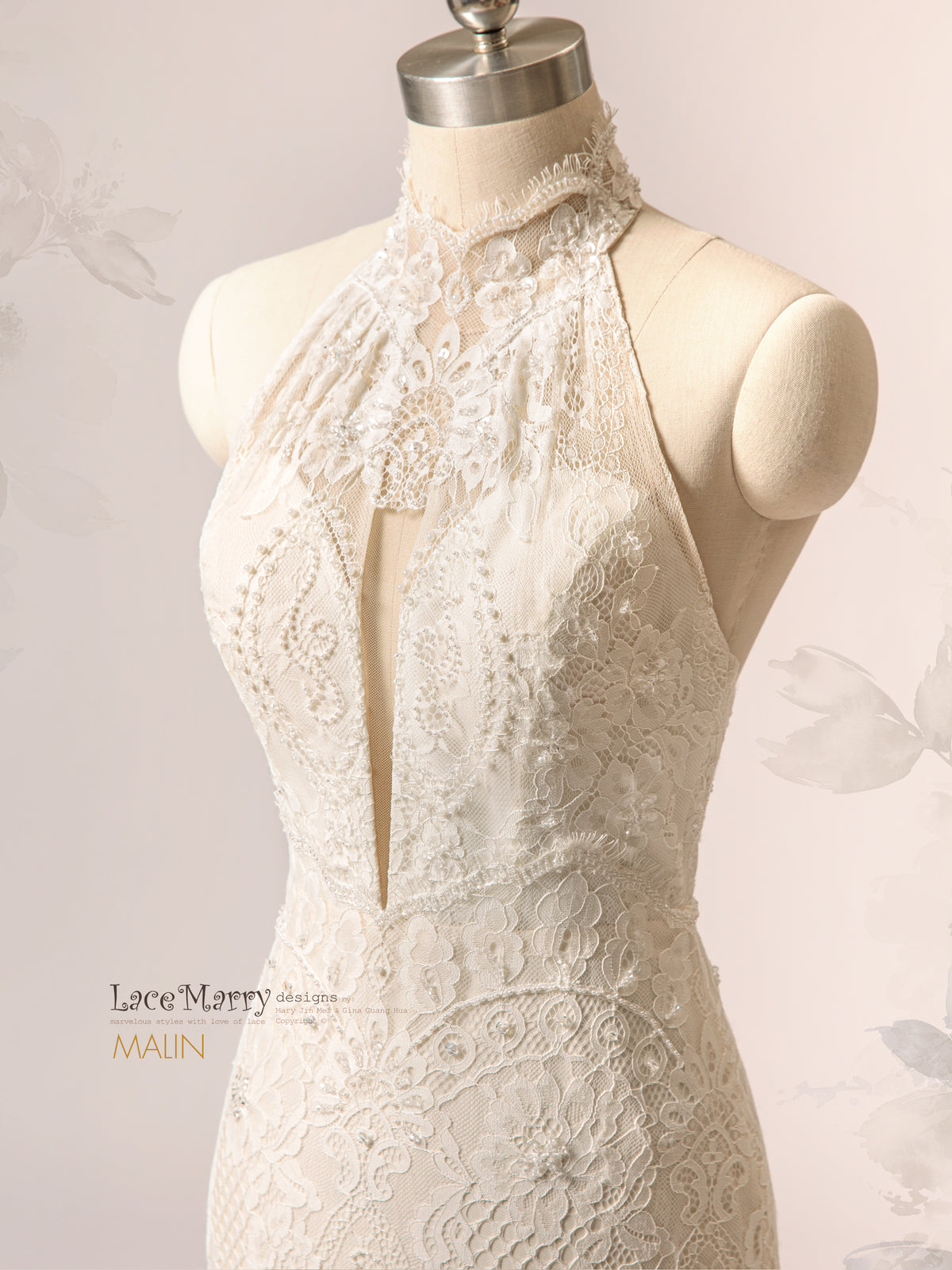 MALIN / Romantic Lace Wedding Dress with Halter Neckline