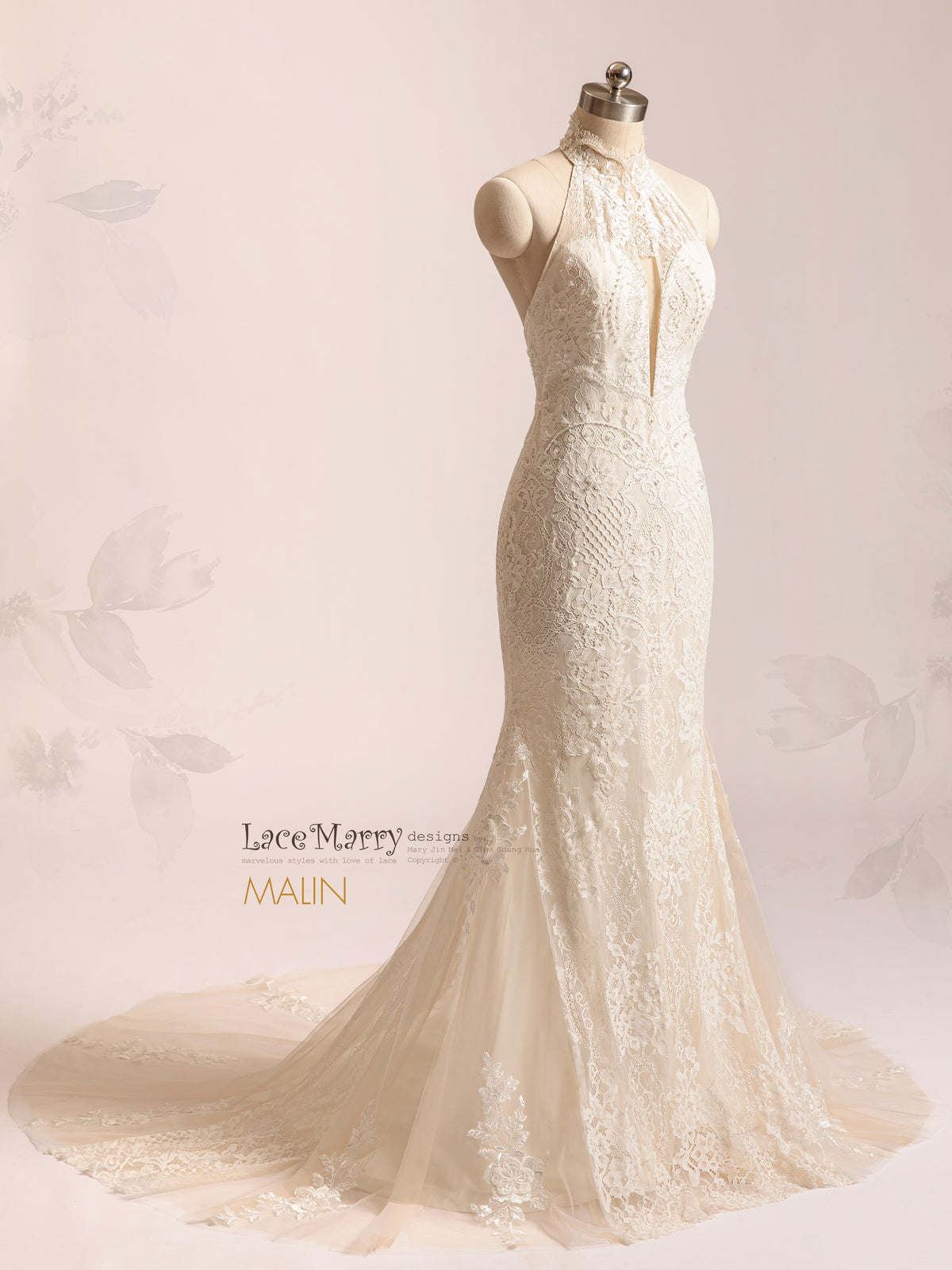 MALIN / Romantic Lace Wedding Dress with Halter Neckline