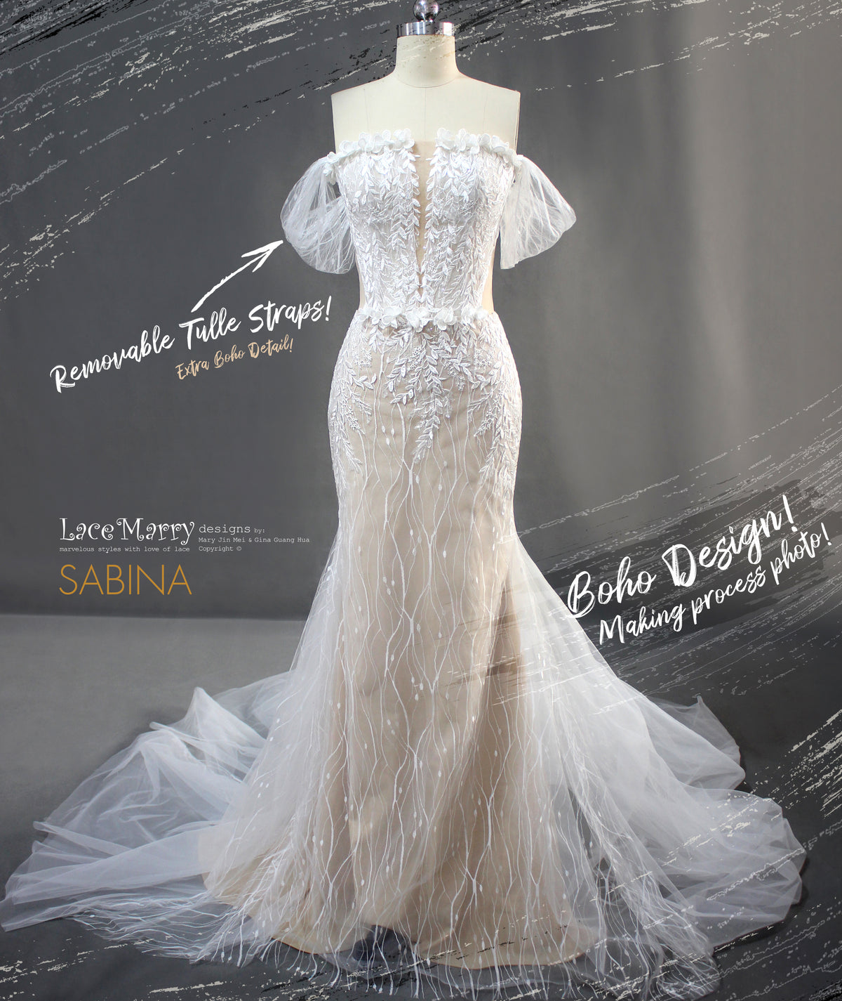 SABINA / Bohemian Wedding Dress with Straight Neckline