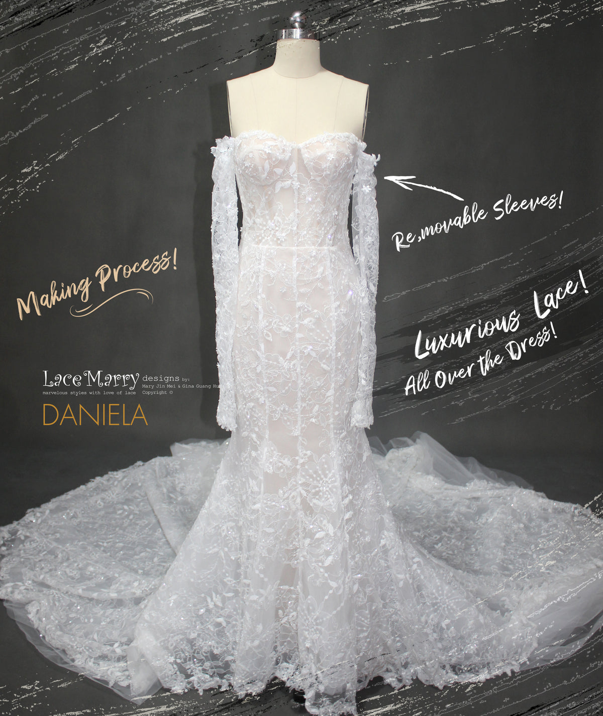 DANIELA / Mermaid Wedding Dress with Whole Intricate Lace Overlay